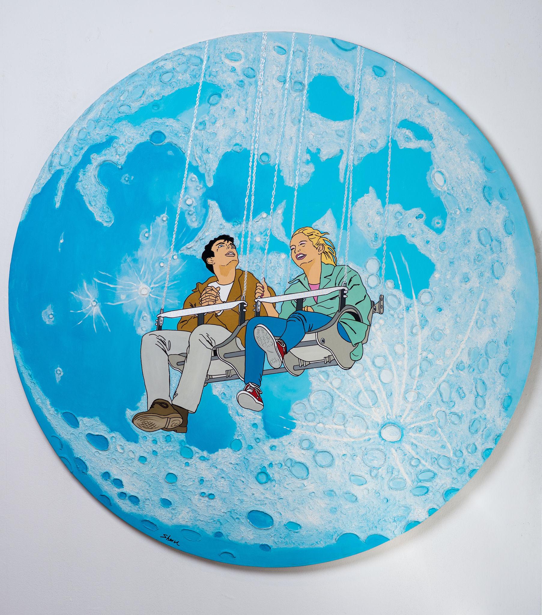 Shmu, Flying to the moon on a swing, Dreams, acrylique et techniques mixtes sur toile, artiste israélien, art israélien