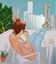 Café en el balcón, 100x90cm, Acrílico sobre lienzo