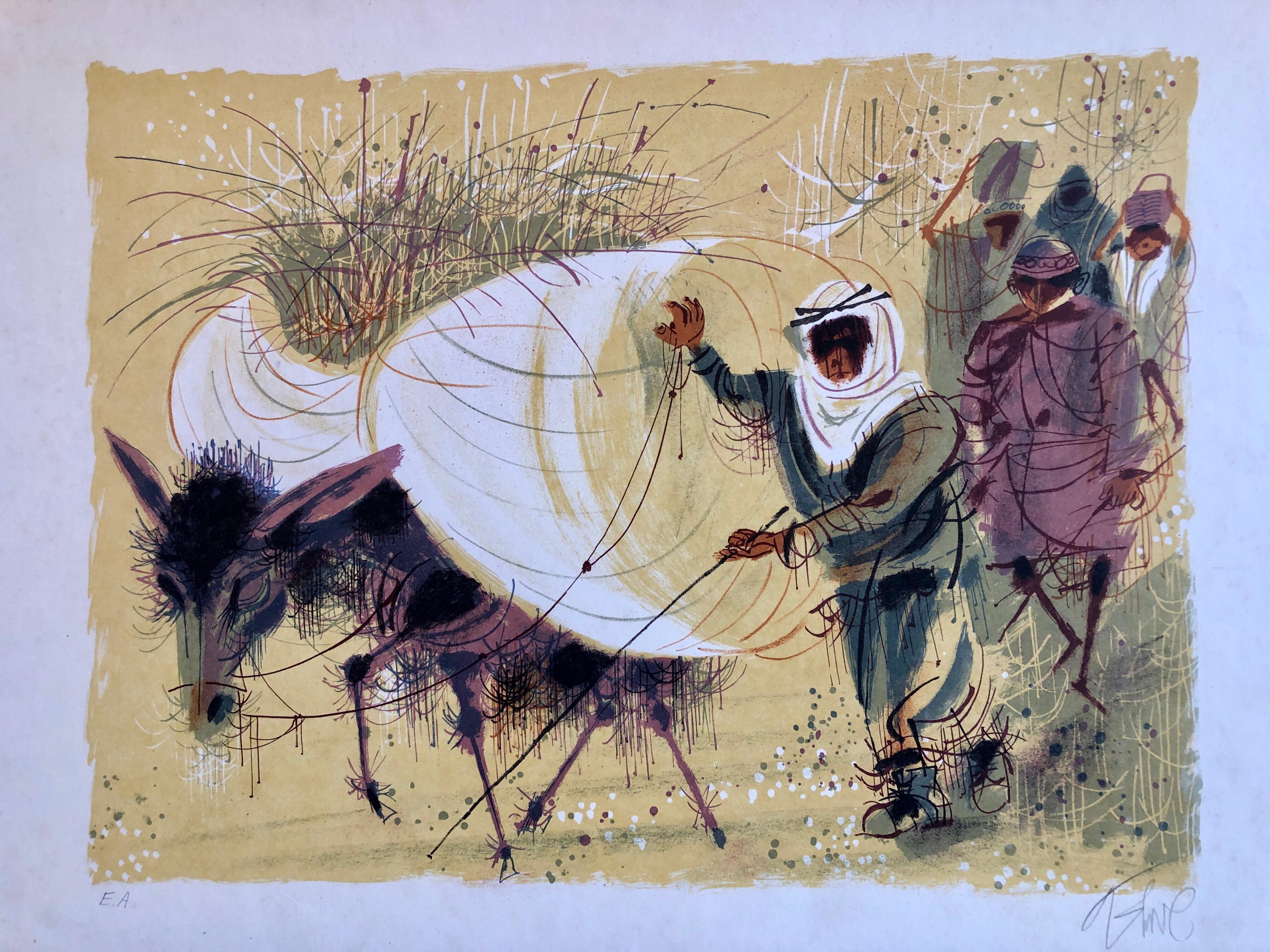 Shmuel Katz Landscape Print - Loaded Donkey, Old City of Jerusalem Israeli Judaica Lithograph