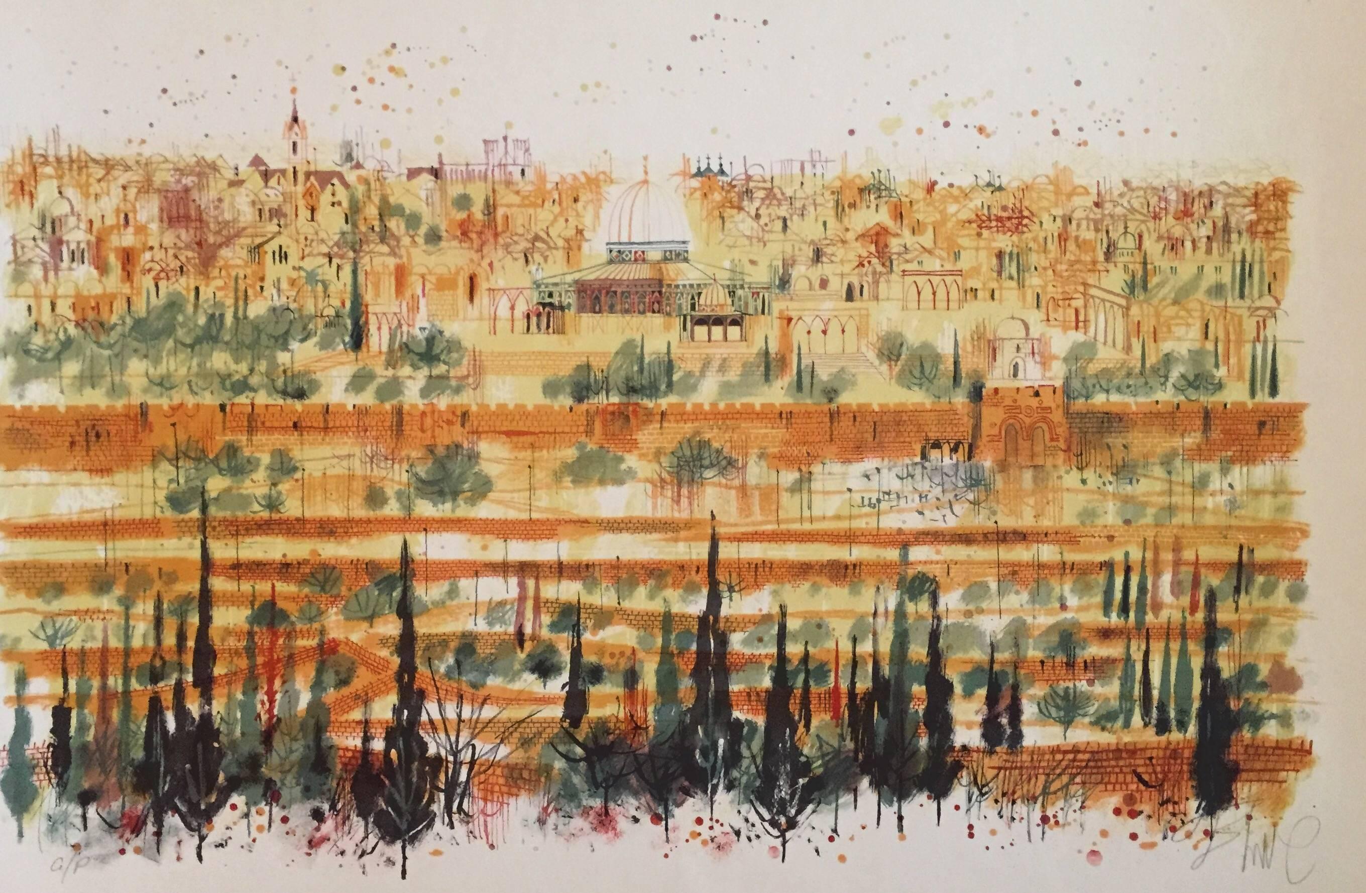 La vieille ville de Jérusalem - Moderne Print par Shmuel Katz