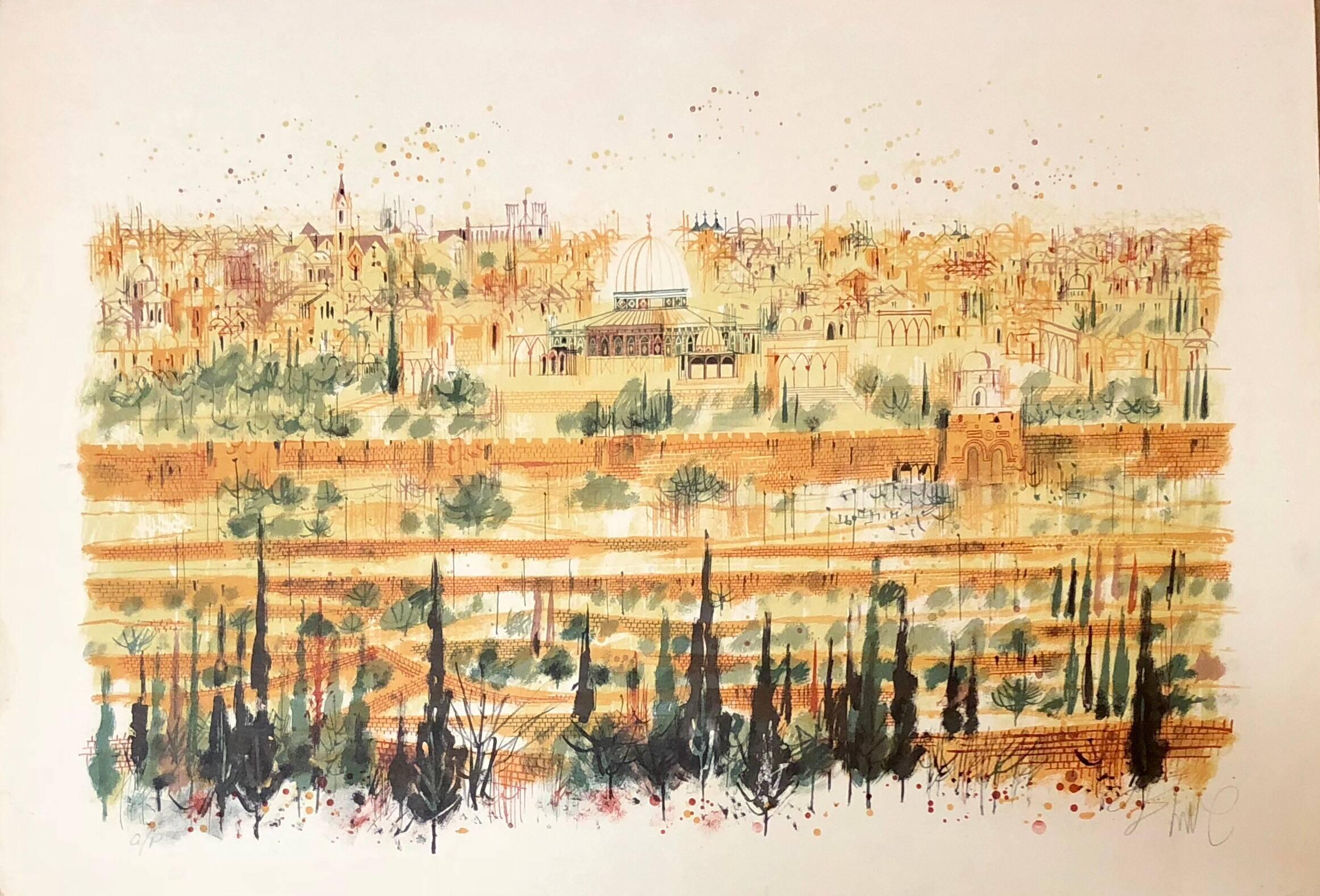 Shmuel Katz Landscape Print - "the Western Wall, Old City of Jerusalem" Israeli Judaica Lithograph