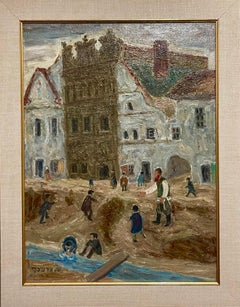 Polish Yiddish Shtetl Kuzmir Jewish Oil Painting Judaica Rabbi w Tzitzis, Boys