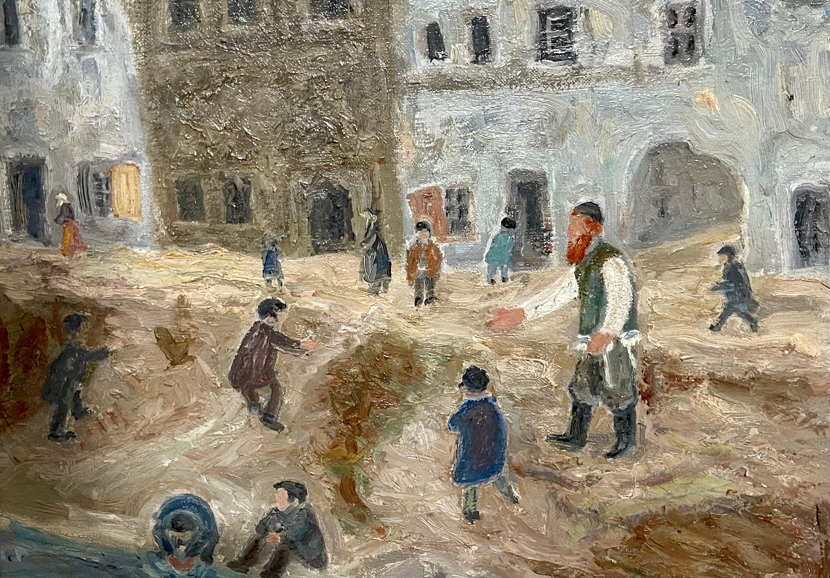 Polish Yiddish Shtetl Kuzmir Jewish Oil Painting Judaica Rabbi w Tzitzis, Boys 1