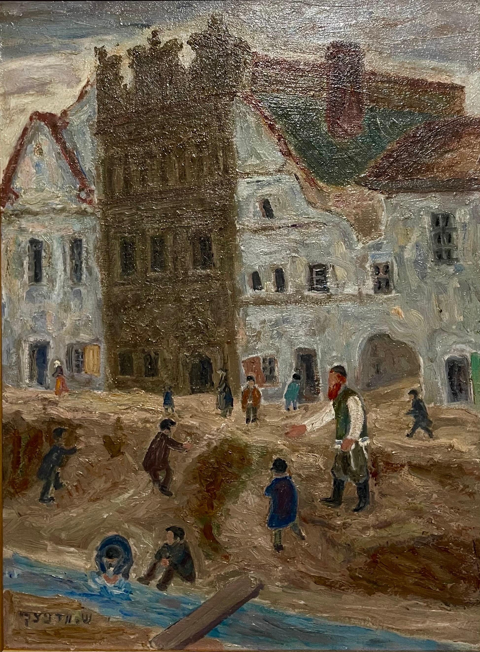 Polish Yiddish Shtetl Kuzmir Jewish Oil Painting Judaica Rabbi w Tzitzis, Boys 2