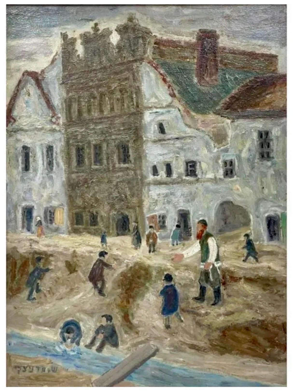 Shmuel Woodnitzky Landscape Painting - Polish Yiddish Shtetl Kuzmir Jewish Oil Painting Judaica Rabbi w Tzitzis, Boys