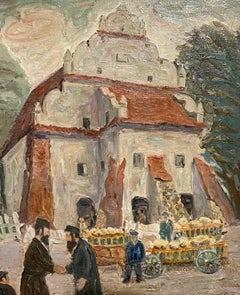 Polish Yiddish Shtetl Kuzmir Jewish Oil Painting Judaica Synagogue with Rabbis