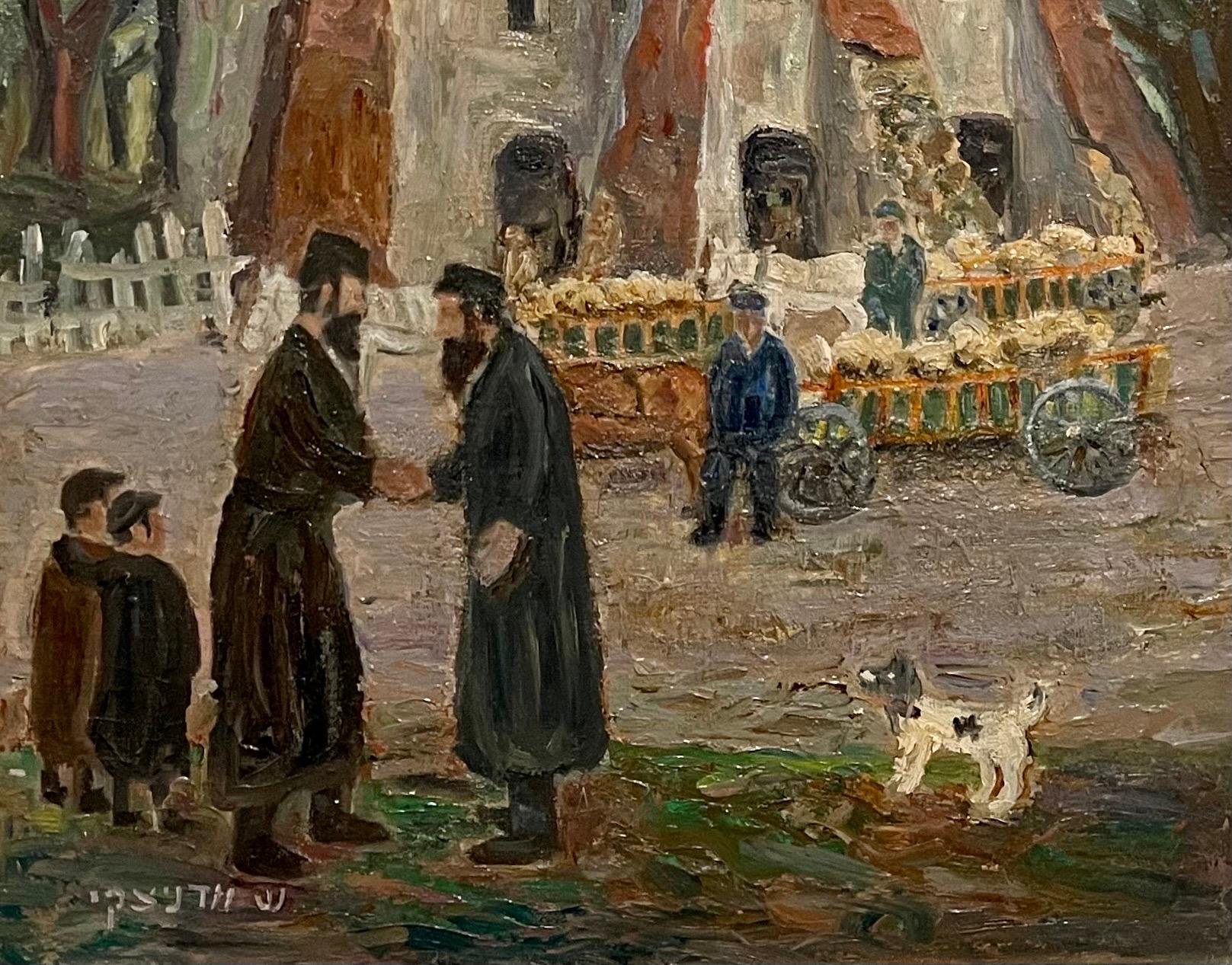 Polish Yiddish Shtetl Kuzmir Jewish Oil Painting Judaica Synagogue with Rabbis - Brown Landscape Painting by Shmuel Woodnitzky