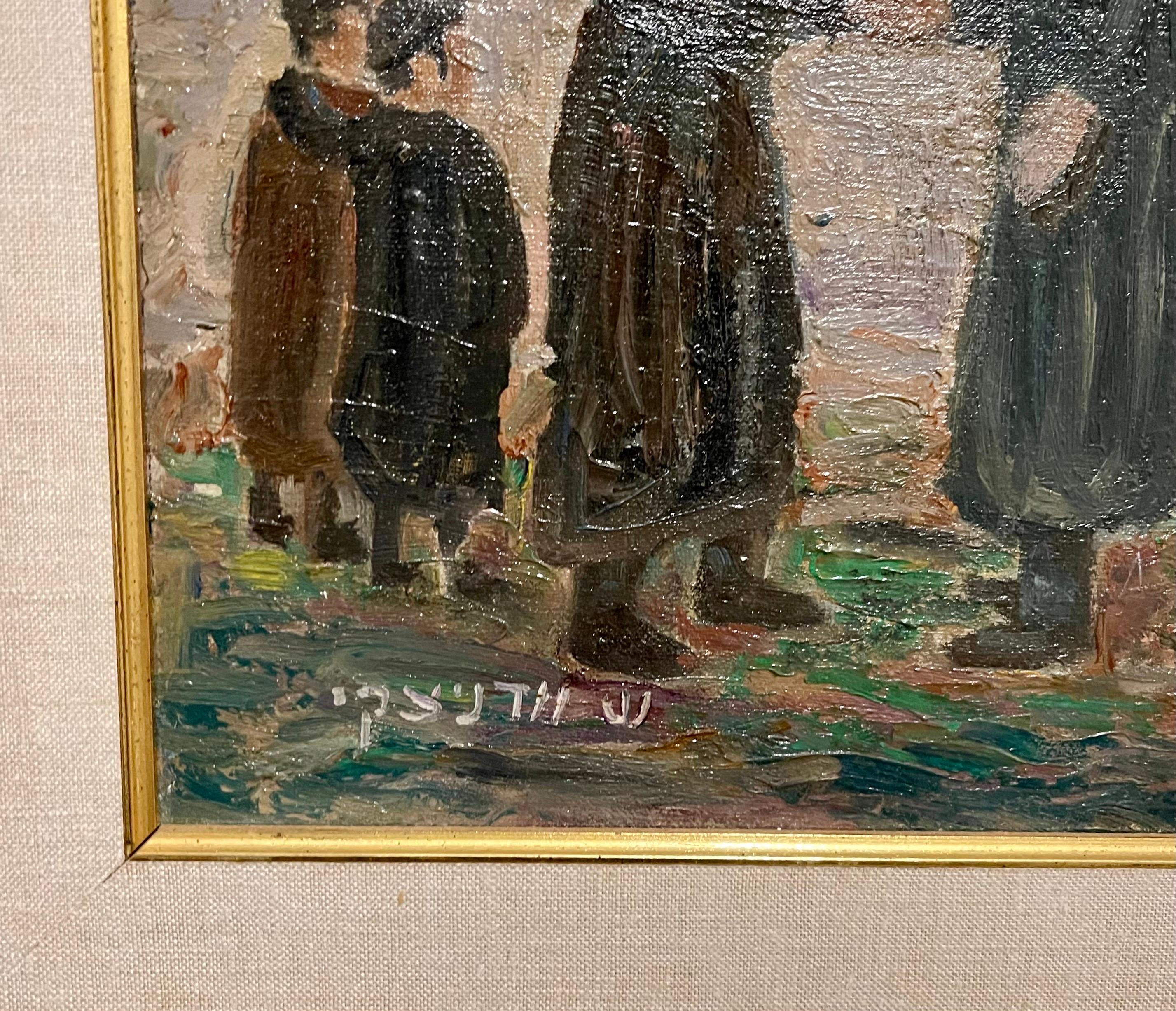 Provenance: Bears partial label from Safrai Gallery, Jerusalem, Israel verso
Hand signed recto in Hebrew.
Text in Yiddish on the reverse explaining the background story of the painting.
 Sight- 21.75