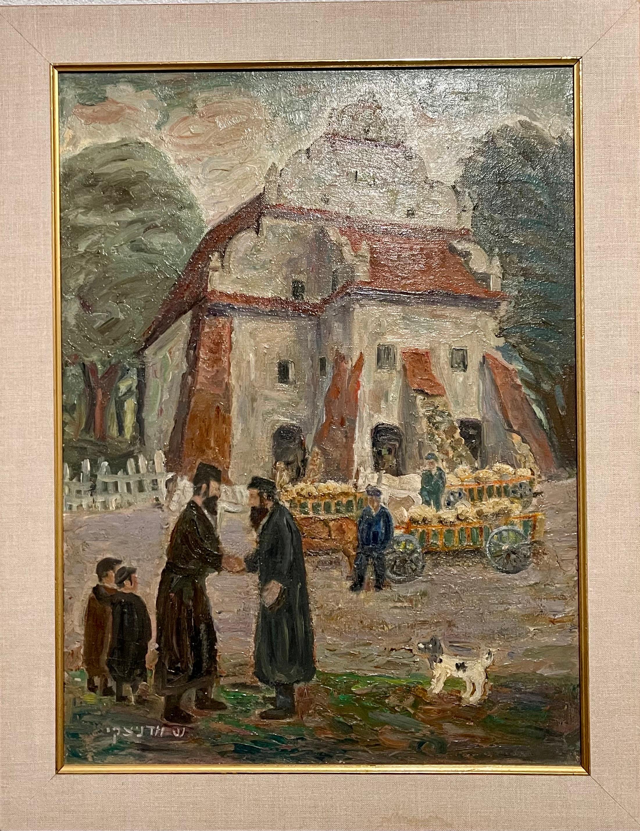 Polish Yiddish Shtetl Kuzmir Jewish Oil Painting Judaica Synagogue with Rabbis 1