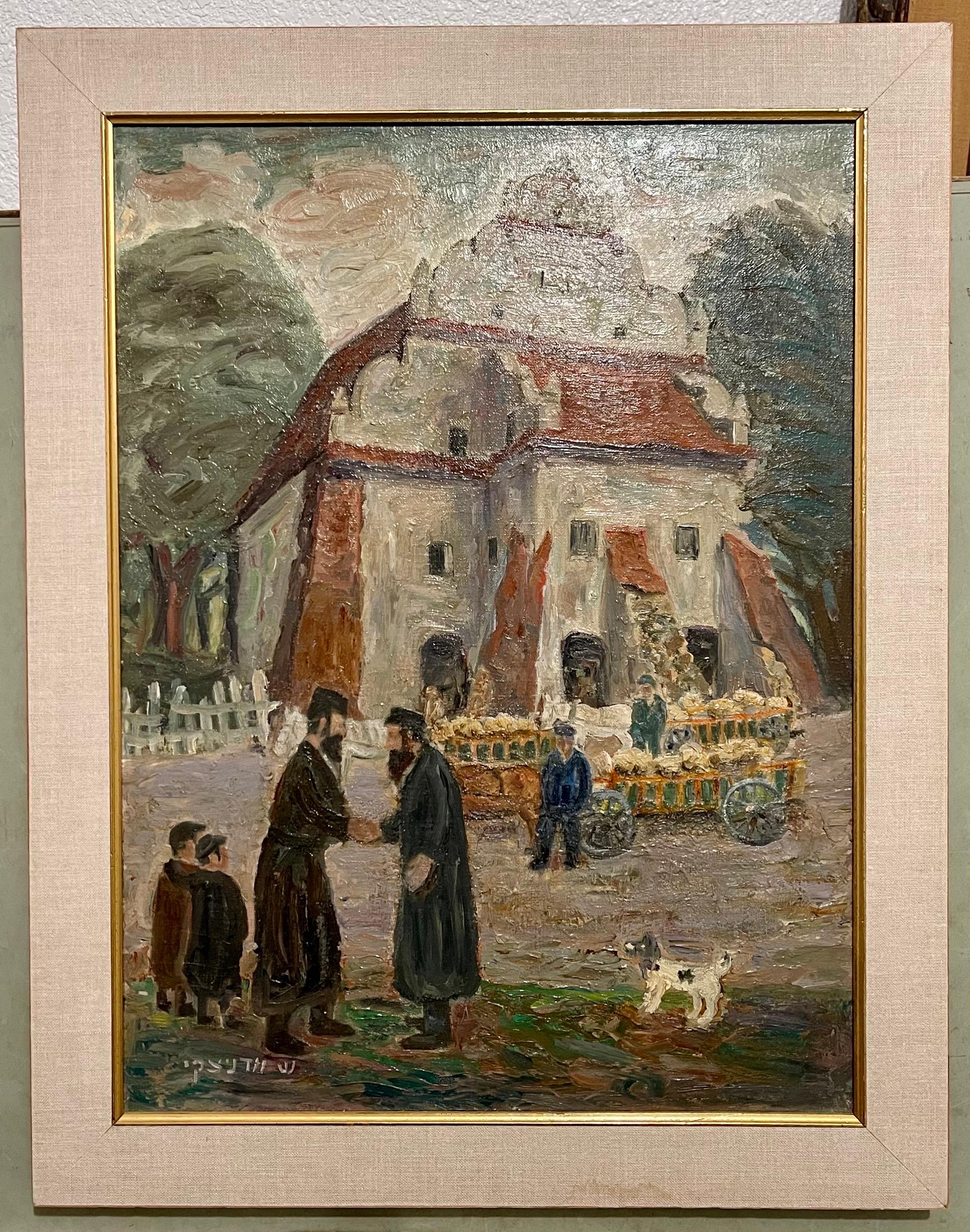 Polish Yiddish Shtetl Kuzmir Jewish Oil Painting Judaica Synagogue with Rabbis 2