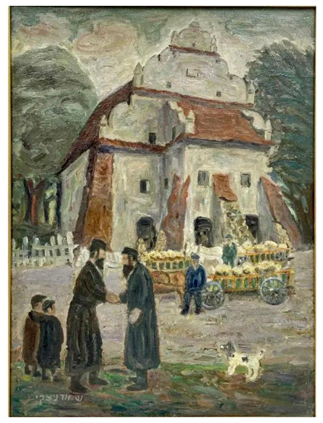 Shmuel Woodnitzky Landscape Painting - Polish Yiddish Shtetl Kuzmir Jewish Oil Painting Judaica Synagogue with Rabbis
