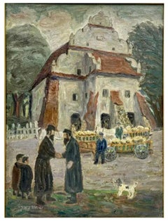 Polish Yiddish Shtetl Kuzmir Jewish Oil Painting Judaica Synagogue with Rabbis