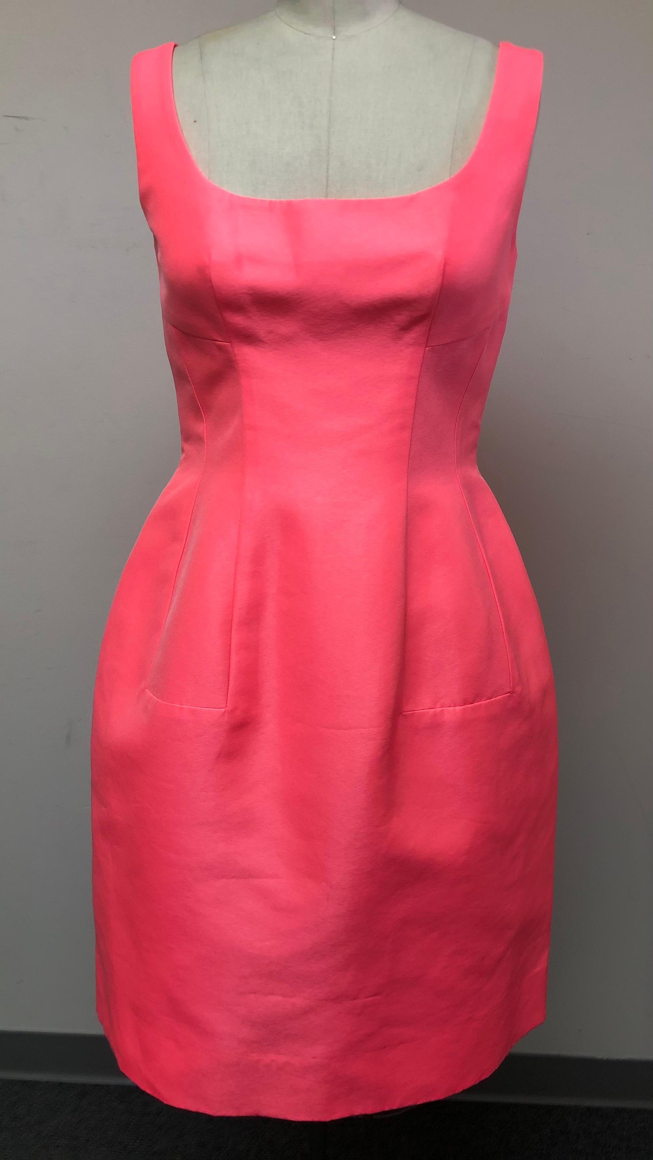 Women's Shocking Pink 100% Italian Silk Dress with Flared Skirt  For Sale