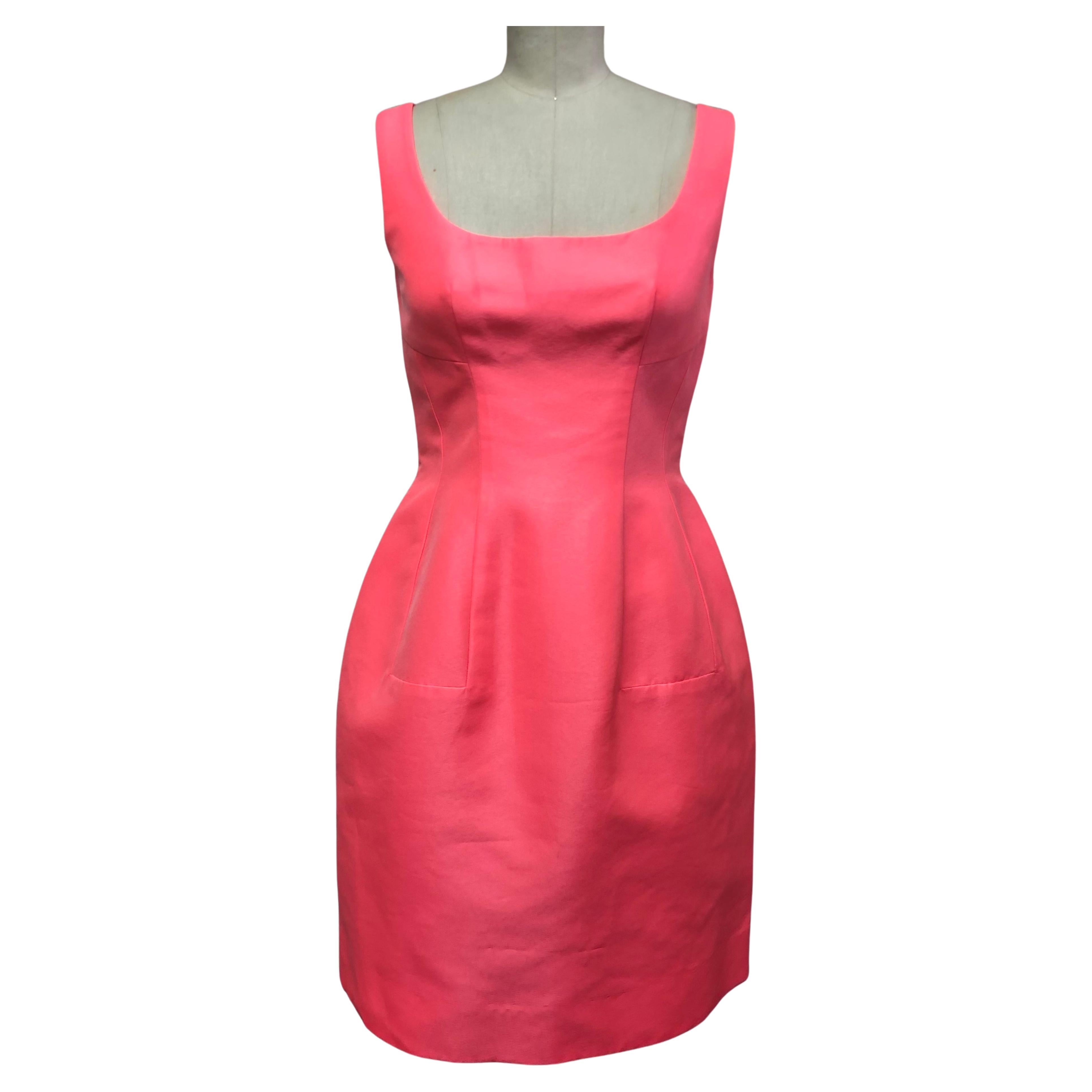 Shocking Pink 100% Italian Silk Dress with Flared Skirt  For Sale