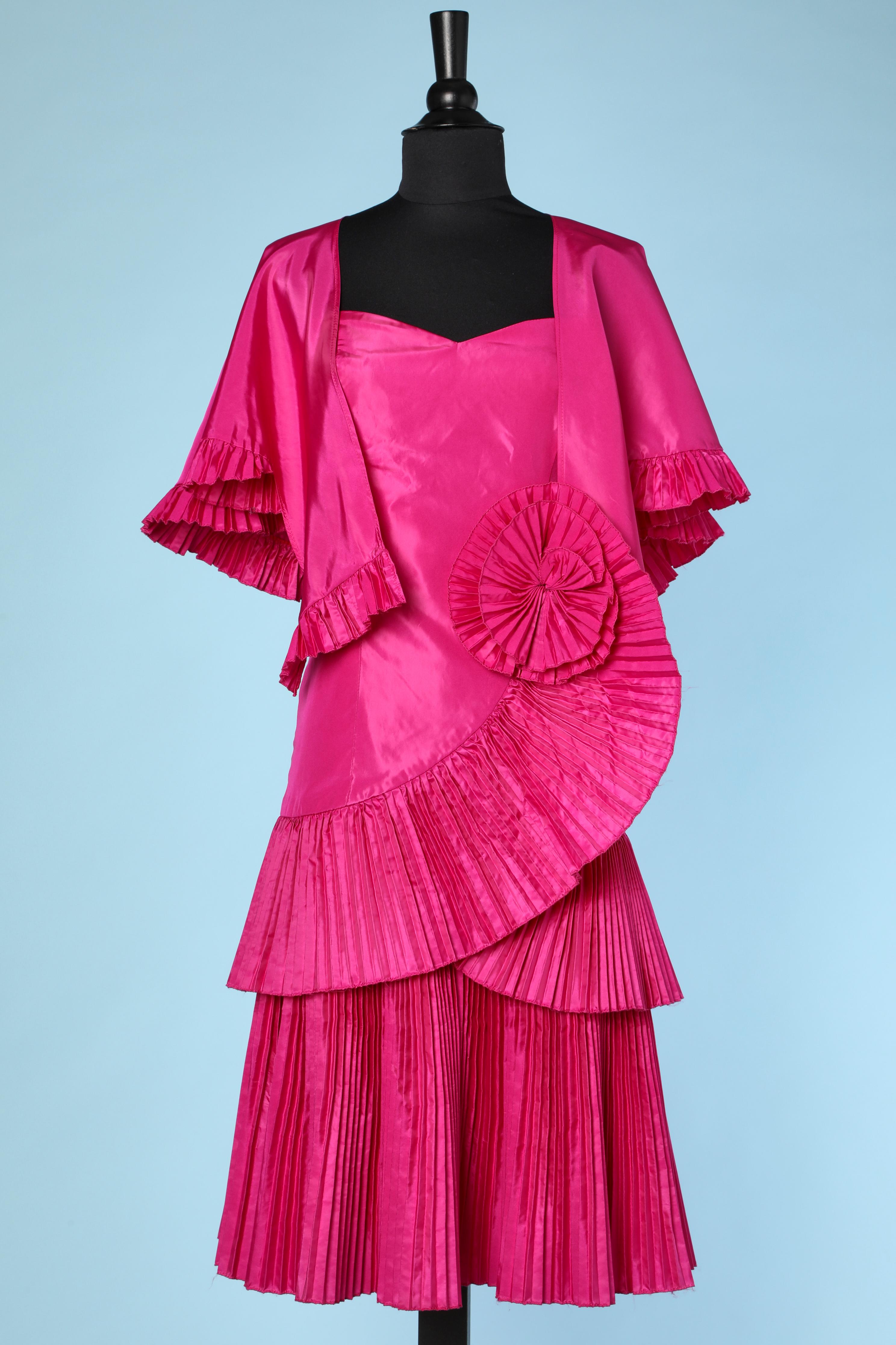 Pink Shocking pink 1980's cocktail taffeta  bustier dress with shawl 