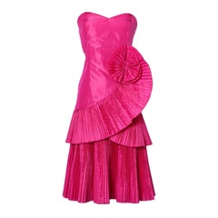 Shocking pink 1980's cocktail taffeta  bustier dress with shawl