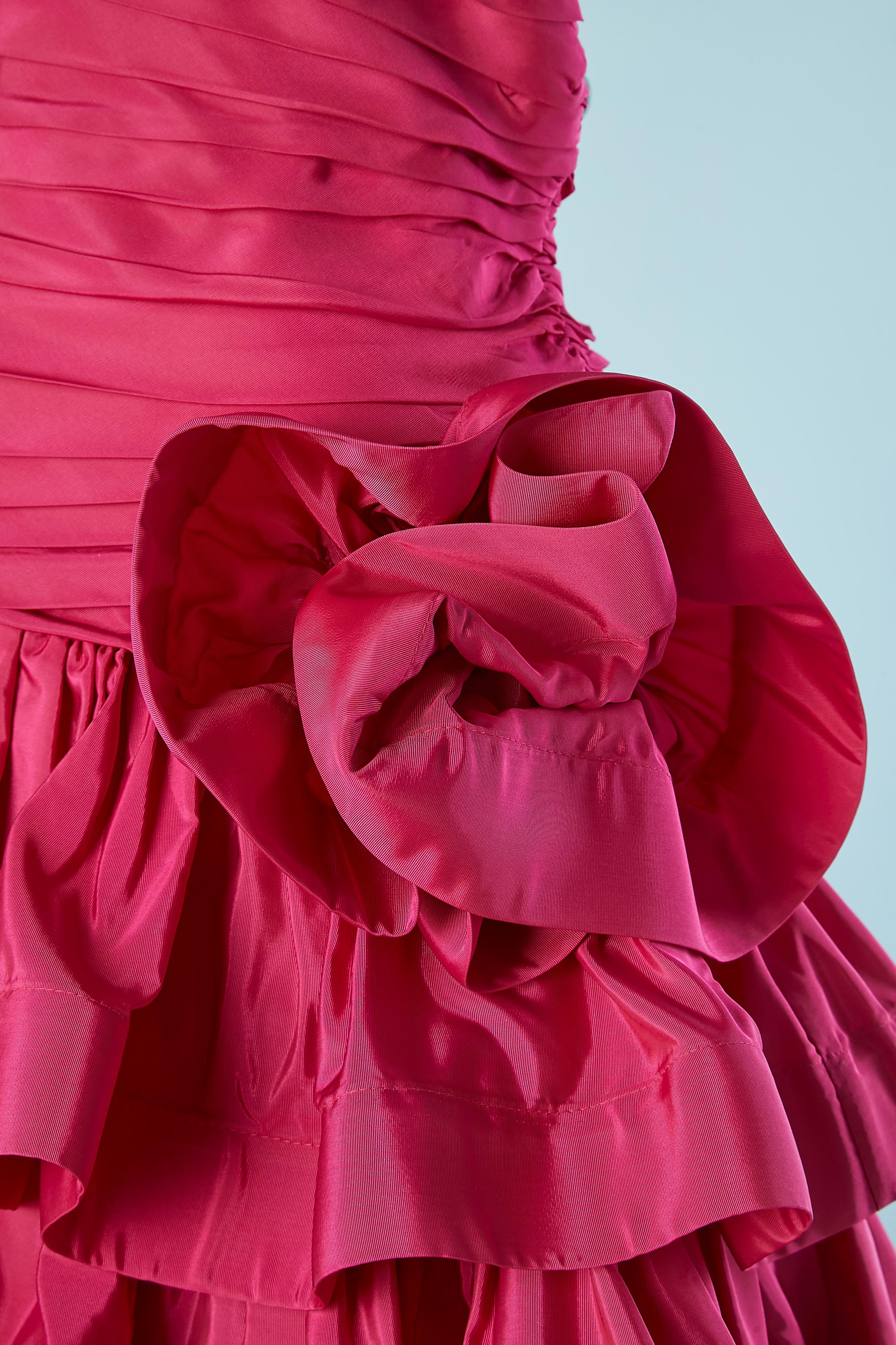 Shocking pink draped cocktail dress with ruffles Lillie Rubin Circa 1980 In Excellent Condition For Sale In Saint-Ouen-Sur-Seine, FR
