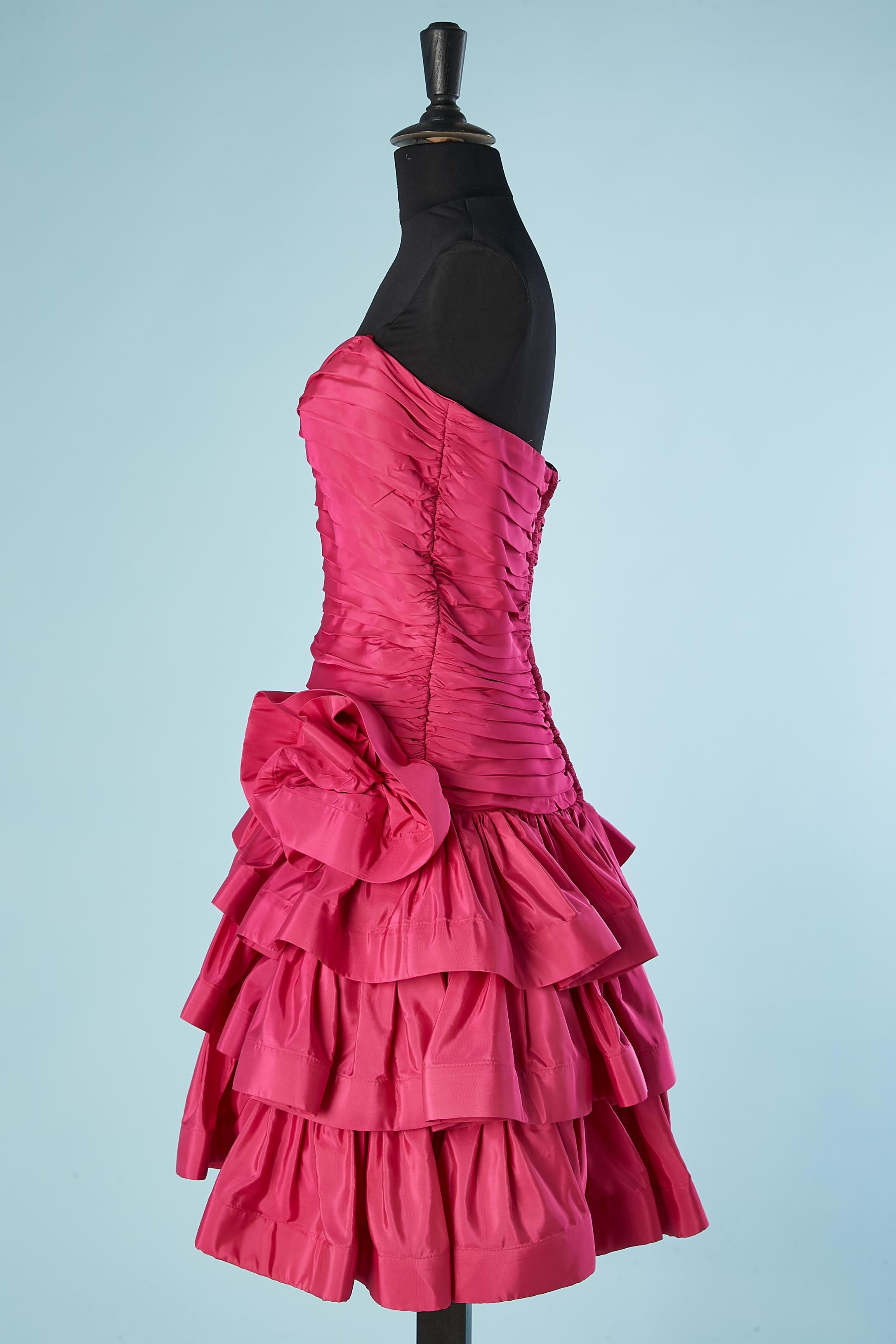 Women's Shocking pink draped cocktail dress with ruffles Lillie Rubin Circa 1980 For Sale