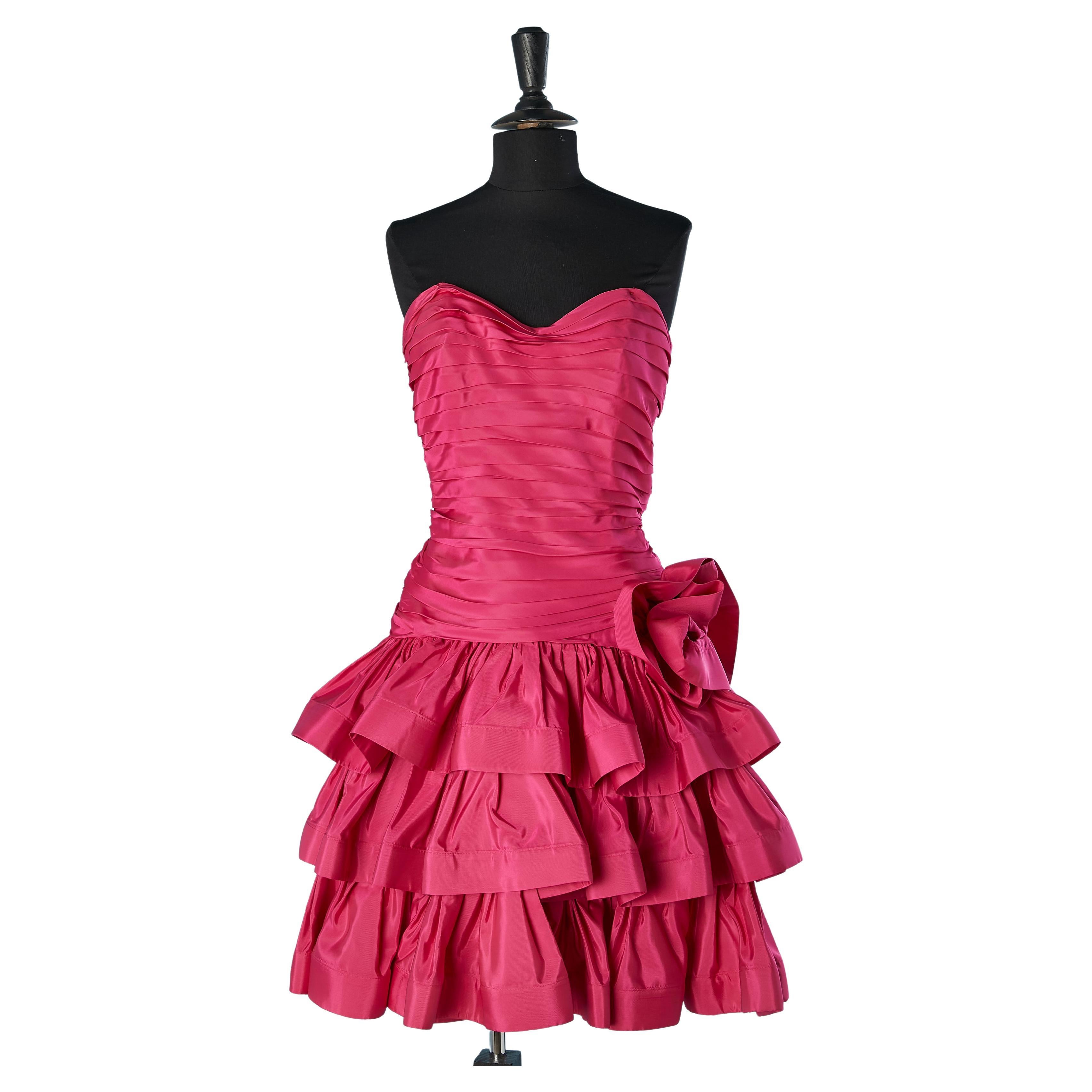 Shocking pink draped cocktail dress with ruffles Lillie Rubin Circa 1980 For Sale