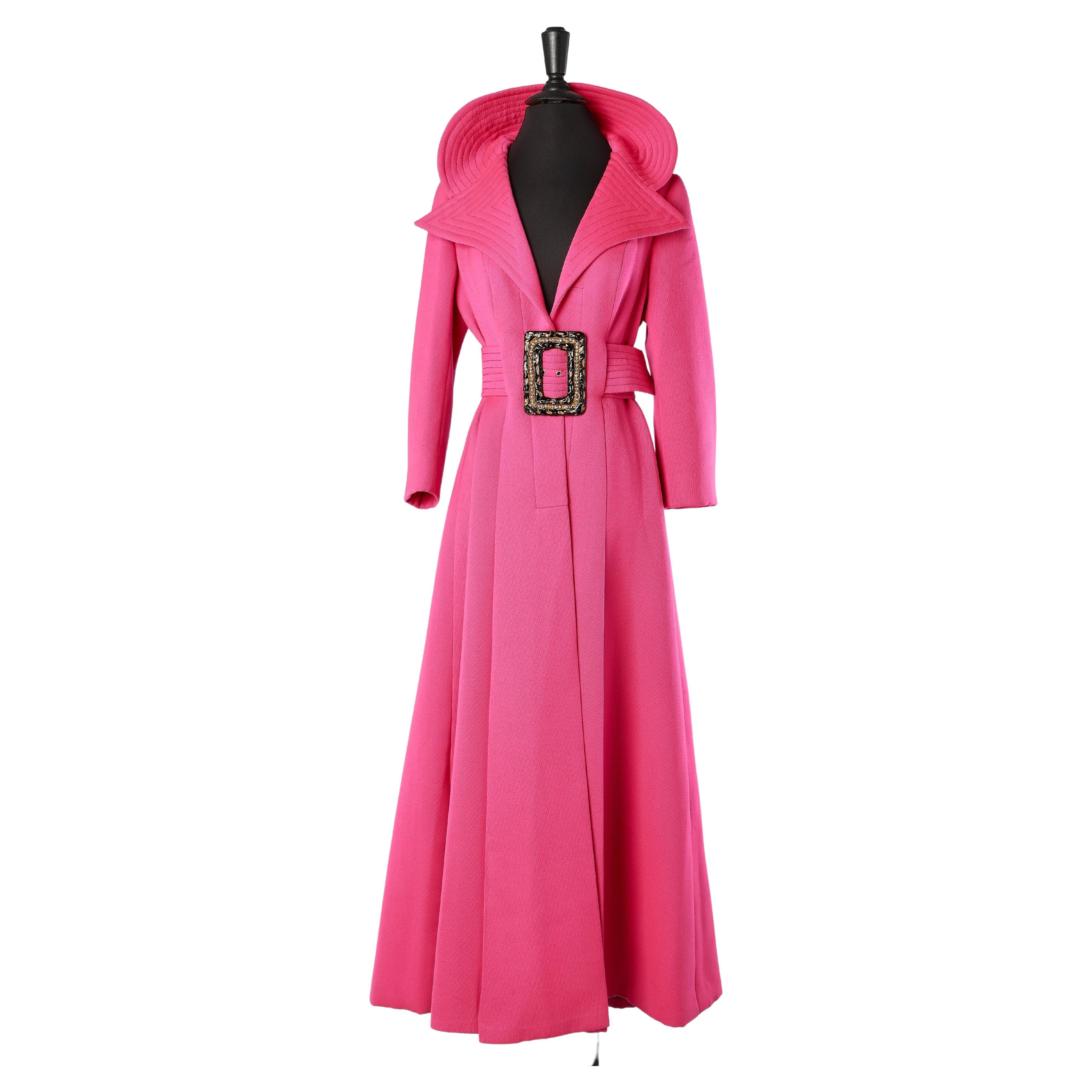 Shocking pink long evening coat with beaded buckle Circa 1970's  For Sale