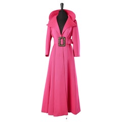 Vintage Shocking pink long evening coat with beaded buckle Circa 1970's 