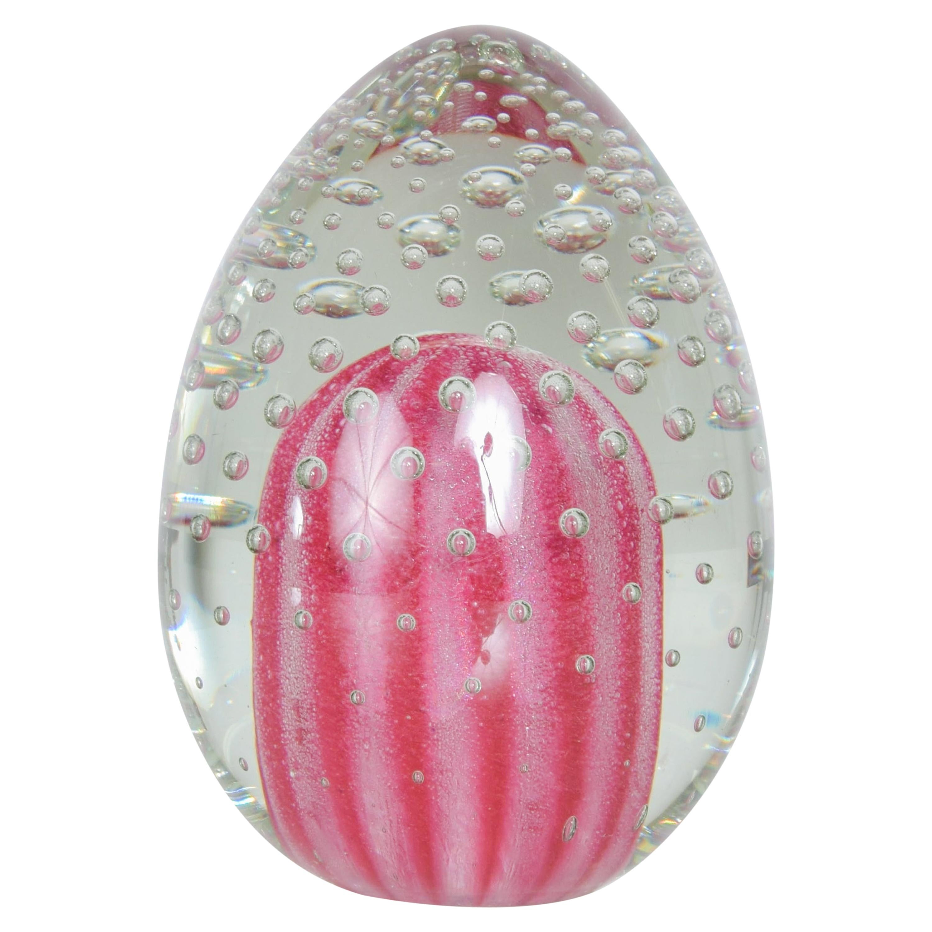 Shocking Pink Paperweight Art Glass Egg Controlled Bubble Tapio Wirkkala Style