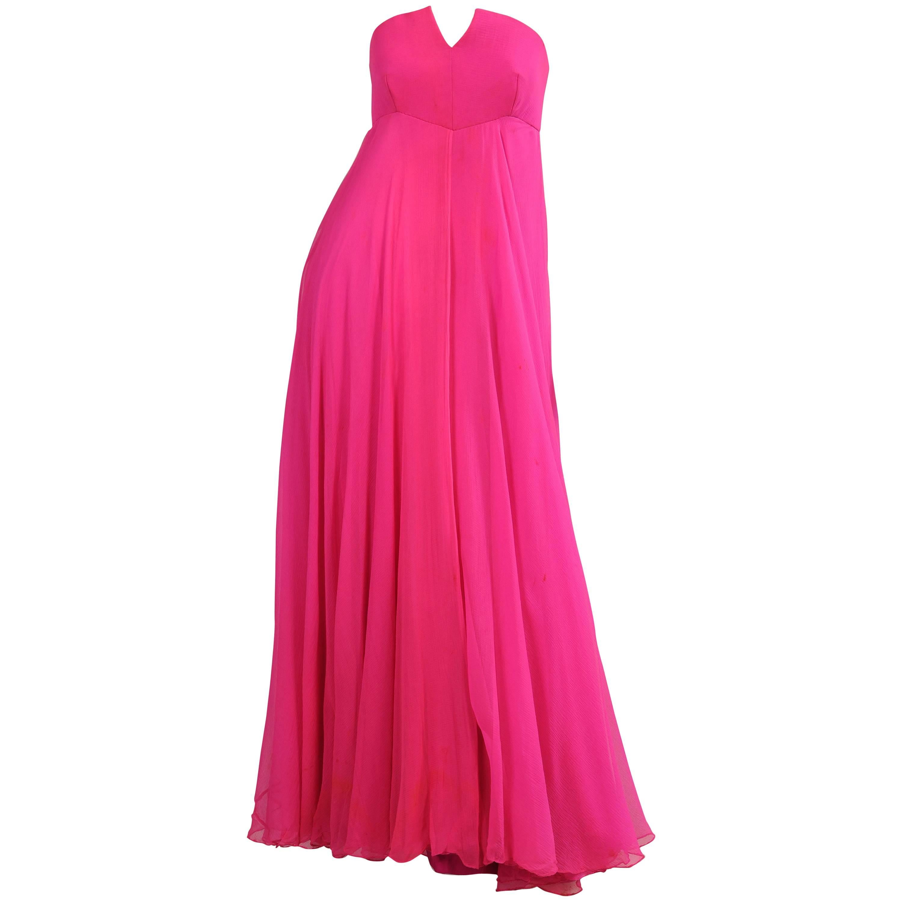 Shocking Pink Strapless Silk Chiffon Evening Gown 1970's For Sale at