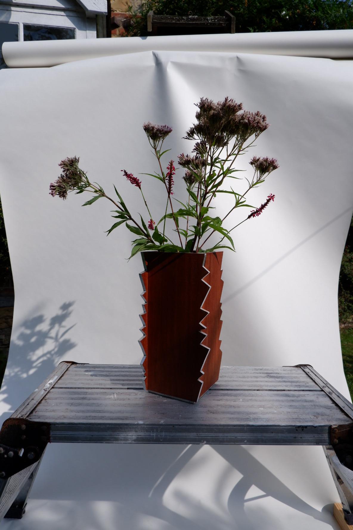 Carved Shocking Vase, Large. Sapele with Aluminium gilding by Josh Page Studio For Sale