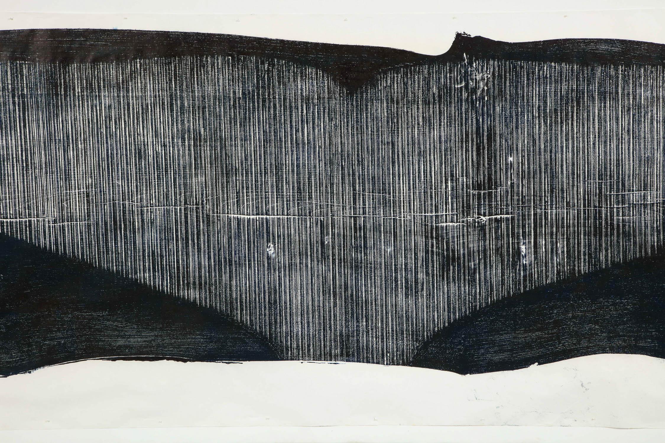 Shockwave Fluke, a woodblock print on handmade rice paper by contemporary English artist Julian Meredith. This print reflects the
natural beauty of a humpback whale’s tail and the organic shape of a solid plank of elm, along with the vivid texture