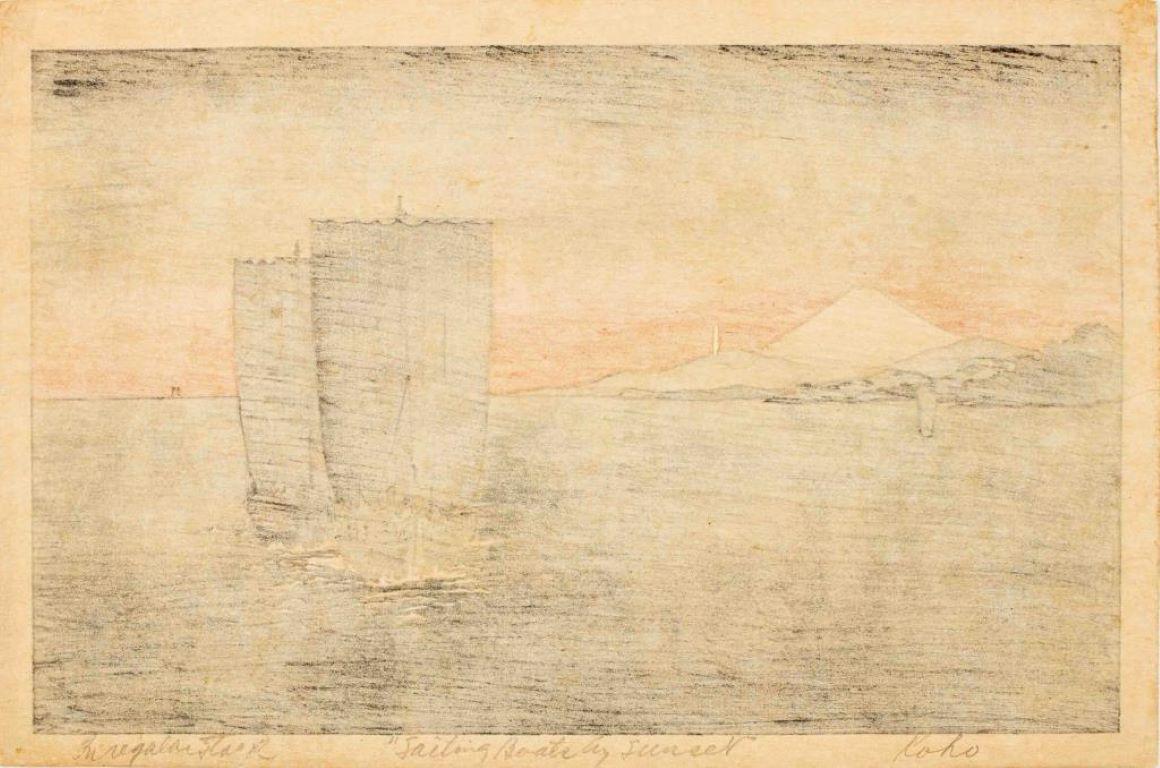 Shoda Koho „Segelboote bei Sonnenuntergang“ Holzschnitt (20. Jahrhundert) im Angebot