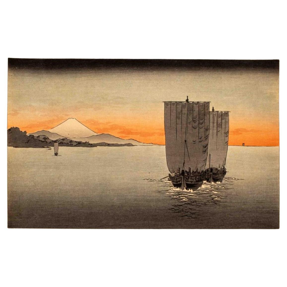 Shoda Koho „Segelboote bei Sonnenuntergang“ Holzschnitt im Angebot