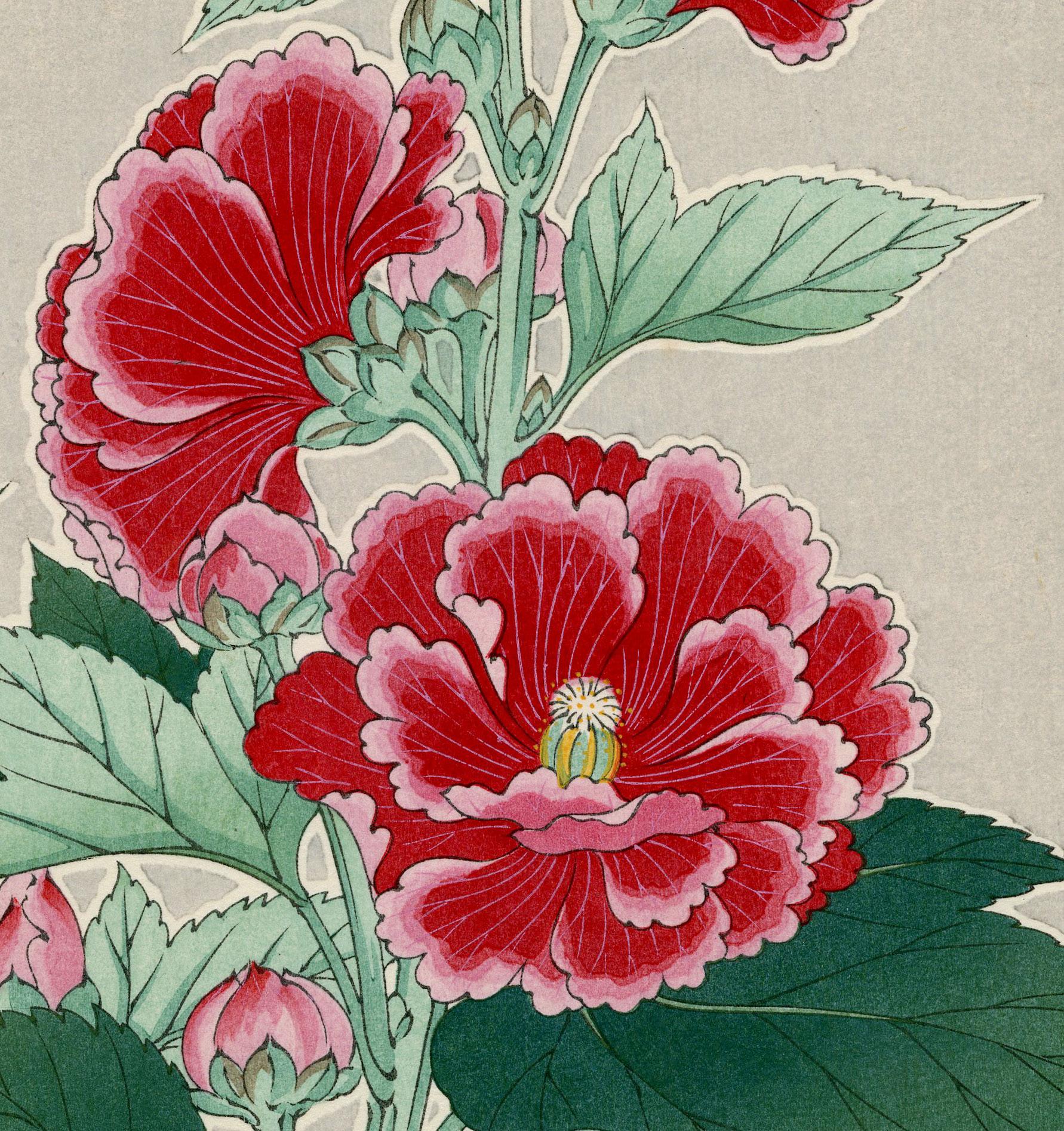 Hollyhocks - Beige Still-Life Print by Shodo Kawarazaki