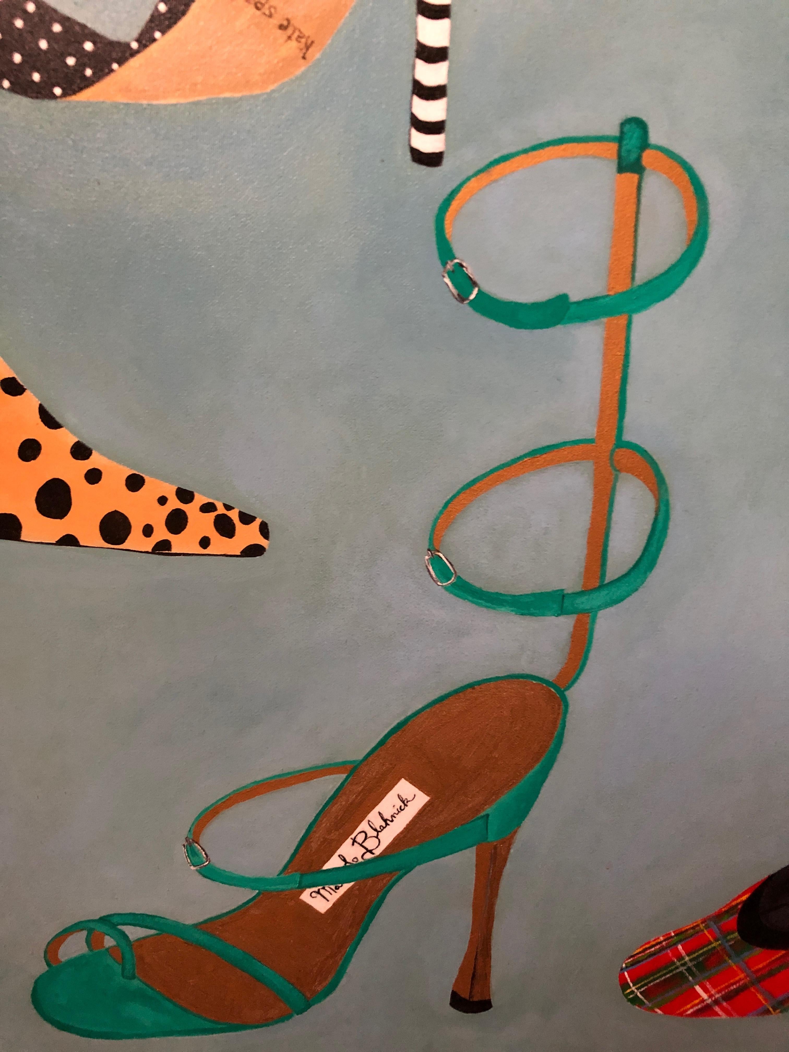 Original acrylic on canvas, bold, big and fun, of shoes floating in space with iconic designer labels.  Titled Shoe Dream.  Painted on sides so framing is not necessary.
By well known Princeton artist, Fay Sciarra.