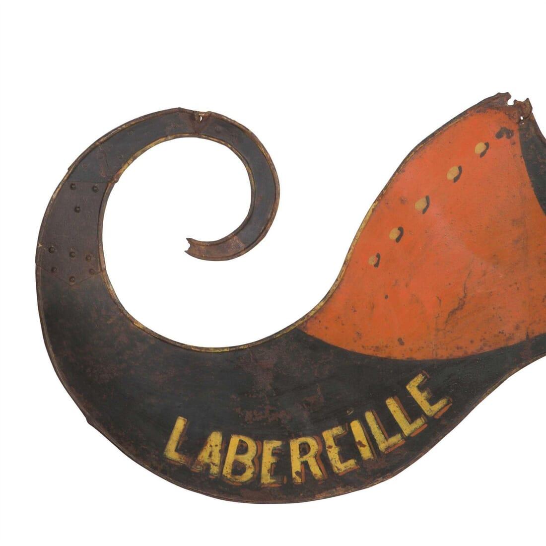 A fabulous French Shoe Maker's trade sign, circa 1900, painted iron, with hanging bracket (not original).