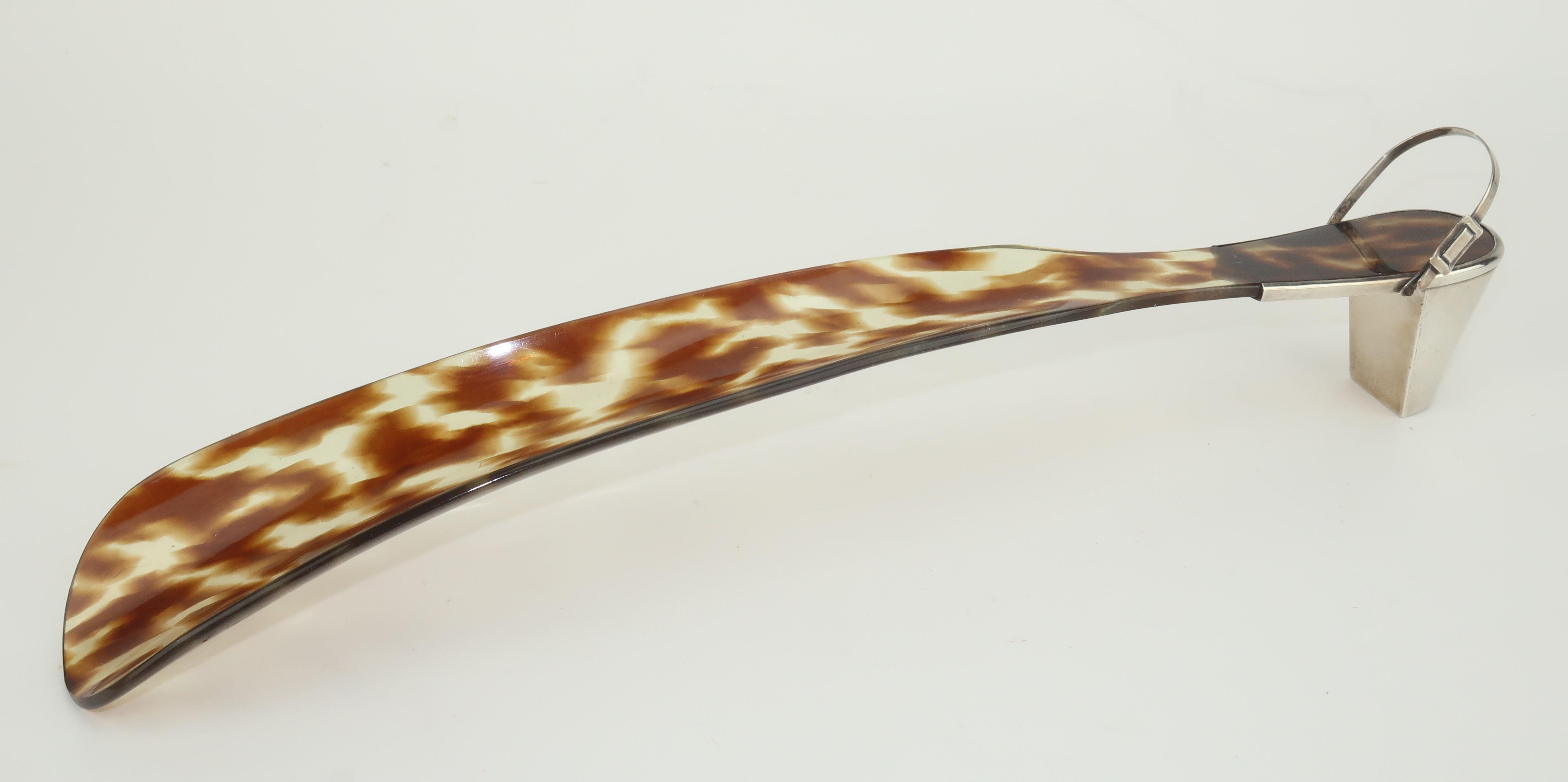 Brown Shoe Shaped Sterling Silver & Faux Tortoise Shoe Horn For Sale