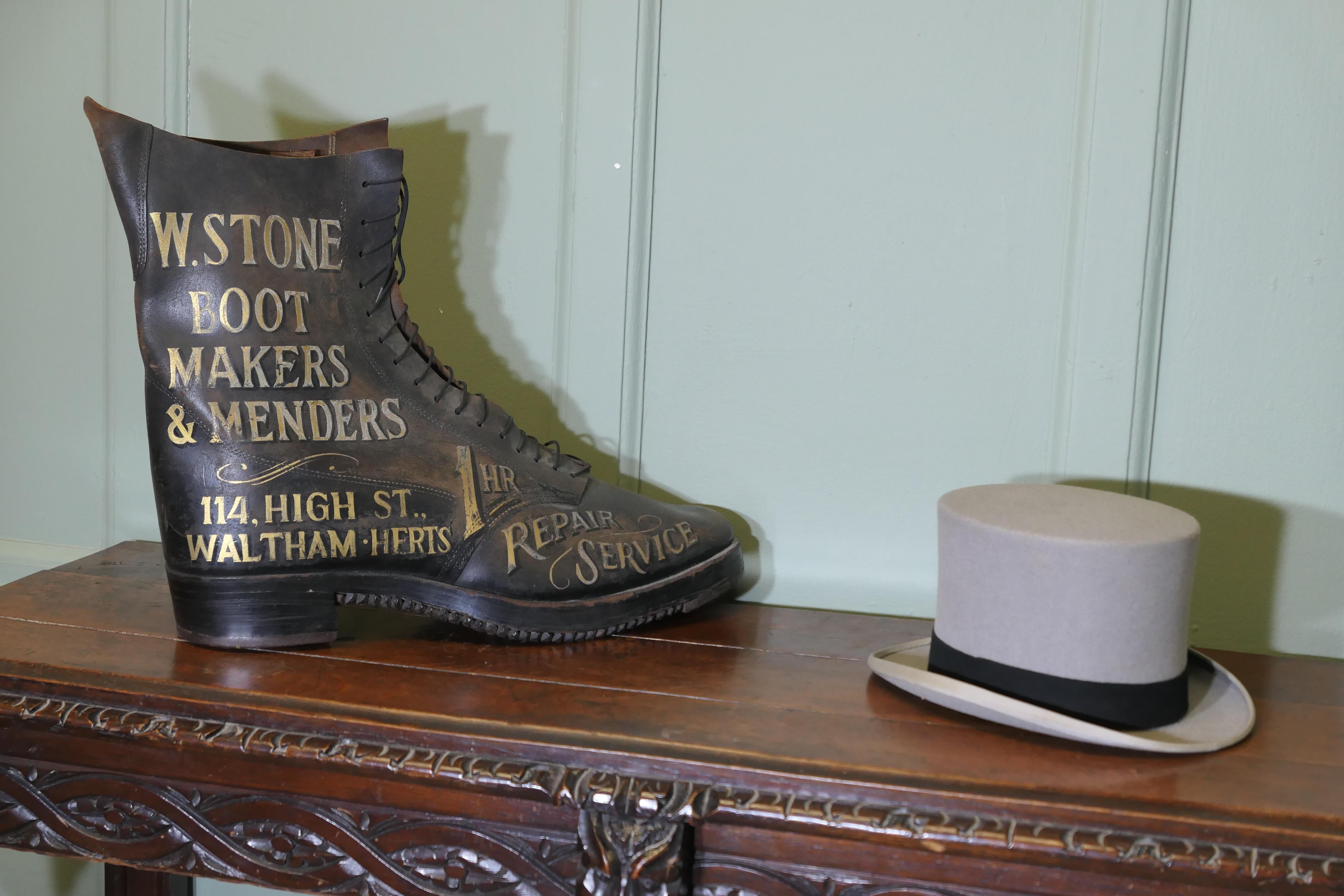 Shoe Shop or Cobblers Trade Sign, Leather Hob Nail Boot  


This is a wonderful piece, made by a cobbler, it is a giant size Leather Hob Nail boot, it has been painted up as an advertising piece for the shop window. ”Boot Makers and Menders” one