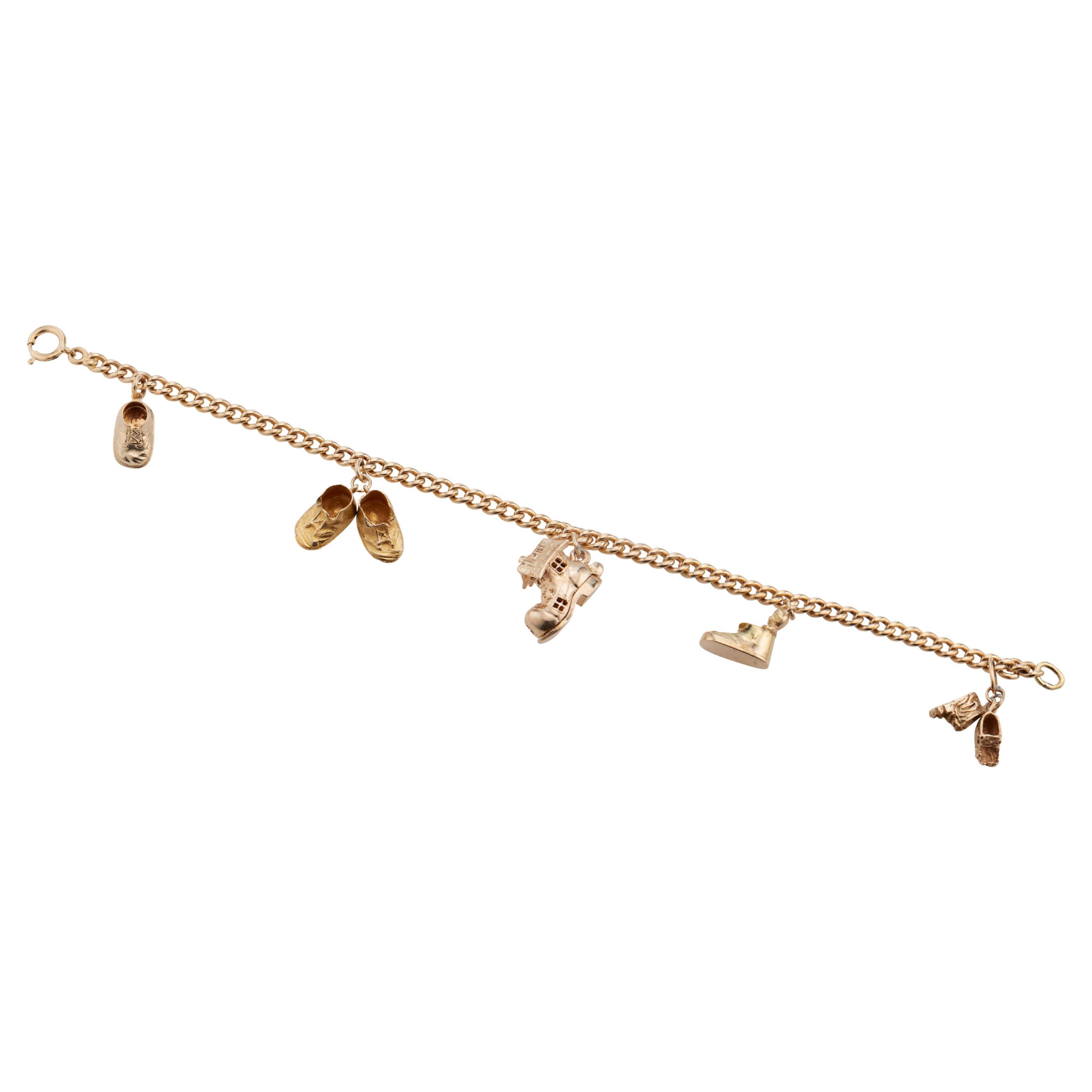 Shoe Themed 3D Charm Yellow Gold Baby Bracelet For Sale