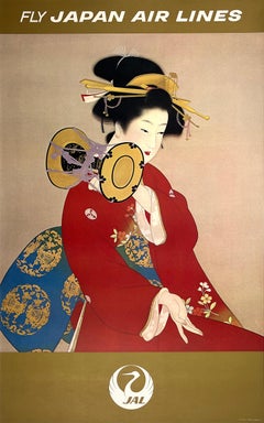 Original Vintage Japan Air Lines Poster - Geisha Holding Drum by Shoen Uemura