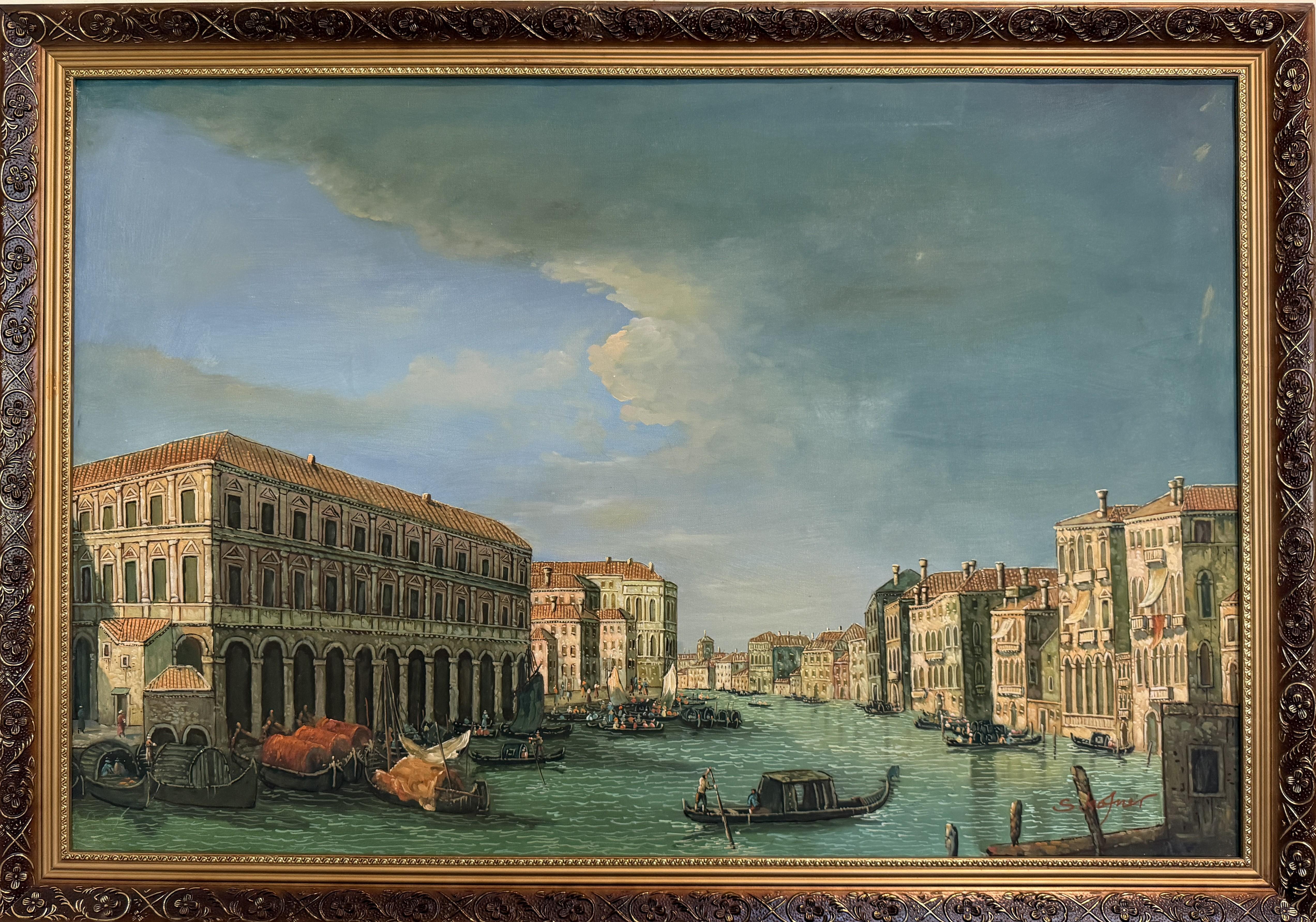 Venedig Grand Canal Original Ölgemälde von S.Hofner Vintage Large Framed Art