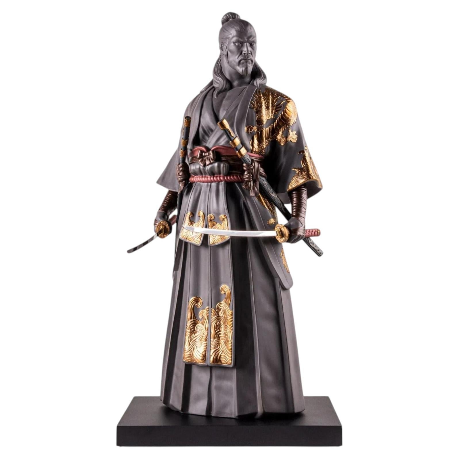 Pre-owned Lladrò Shogun Heritage Sculpture In Matte Black Porcelain & Gold Luxury Japanese Art