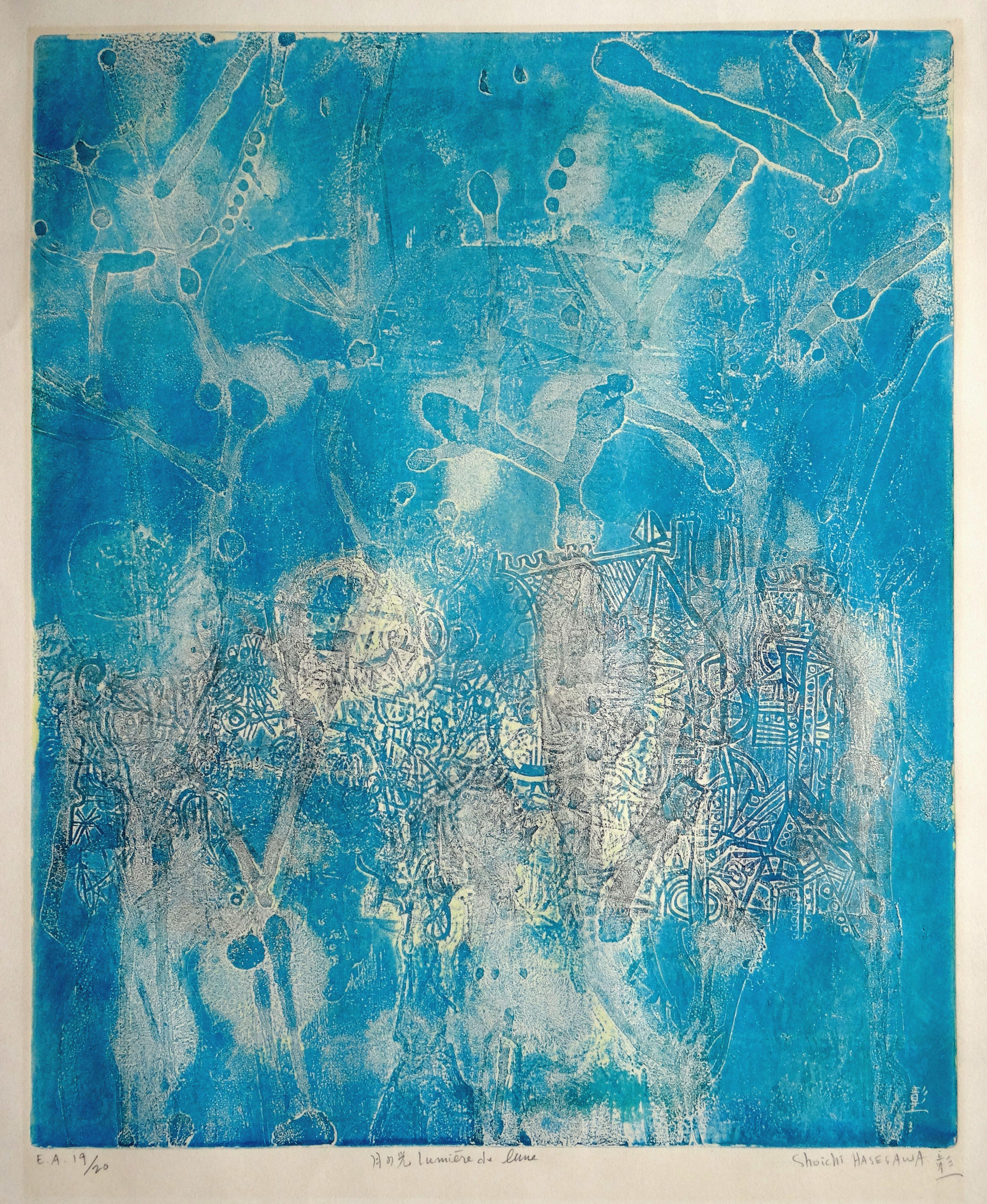 Lumiere De Lune. 1973. E.A. 19/20 Paper, etching, 61x50 cm

Outstanding abstract color etching in turquoise blue tones by important Japanese printmaker Shoichi Hasegawa (b. 1929). 

Hasegawa studied in Tokyo before moving to Paris in the 1960s where