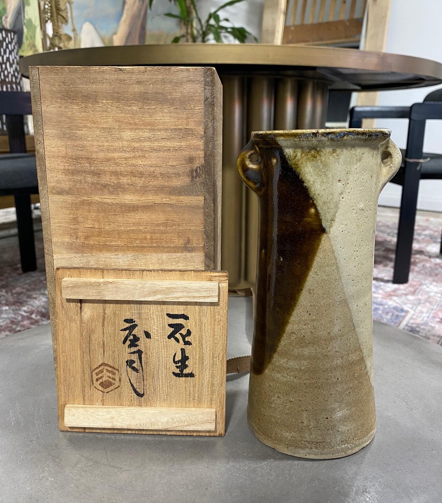 Shoji Hamada Japanese Earth-Toned Glazed Vase with Original Signed Sealed Box For Sale 9
