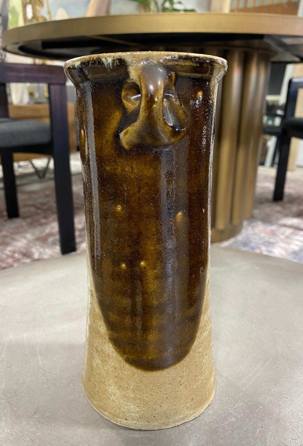 Stoneware Shoji Hamada Japanese Earth-Toned Glazed Vase with Original Signed Sealed Box For Sale