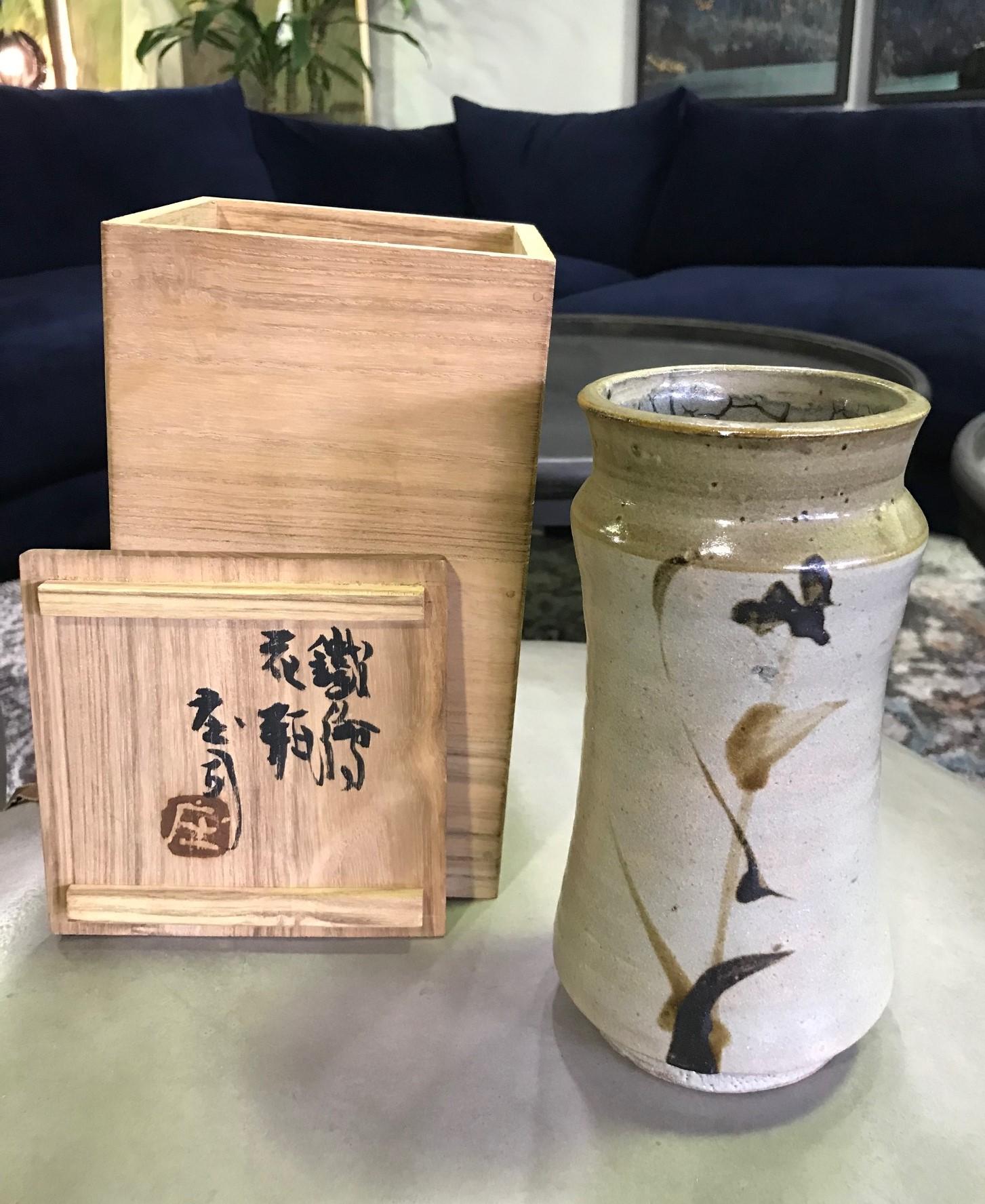 Shoji Hamada Japanese Glazed Bamboo Tetsue Vase with Original Signed Sealed Box 6