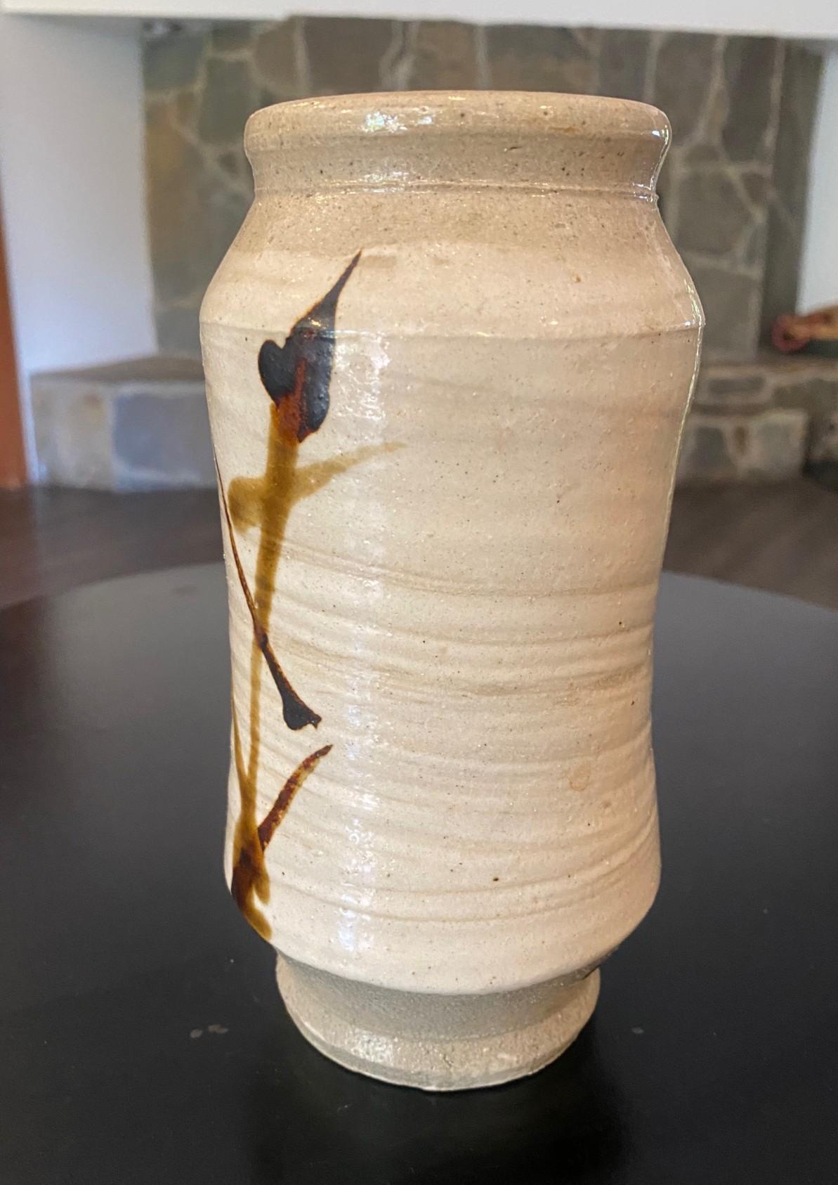 Shoji Hamada Japanese Pottery Mingei Bamboo Tetsue Hakeme Vase with Signed Box (Glasiert) im Angebot