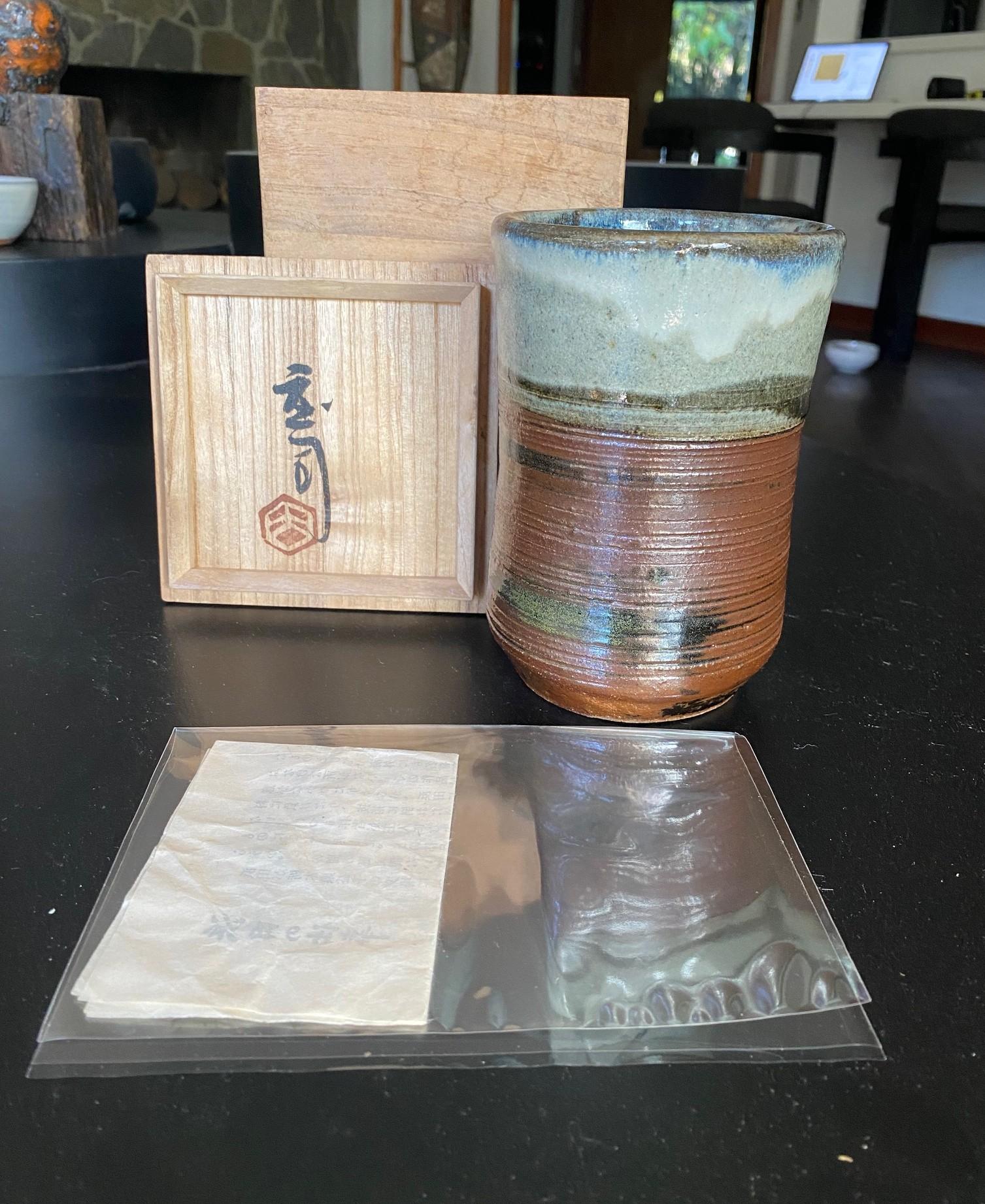 Shoji Hamada Mingei Kakiyu Kaki Nuka Glaze Flower Vase With Original Signed Box For Sale 11