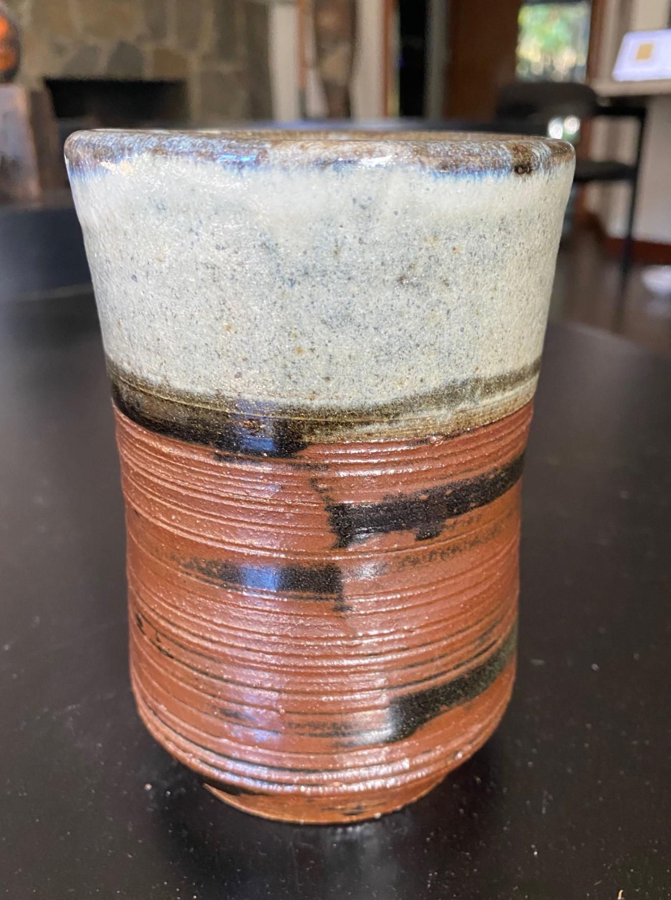 Showa Shoji Hamada Mingei Kakiyu Kaki Nuka Glaze Flower Vase With Original Signed Box For Sale