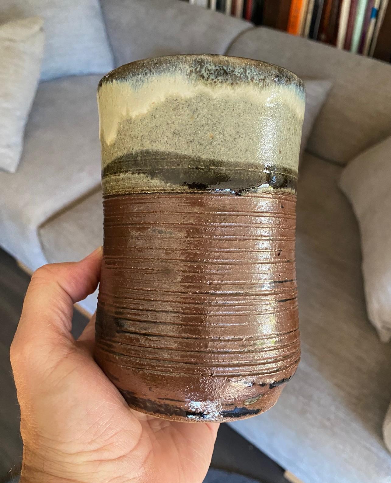 Earthenware Shoji Hamada Mingei Kakiyu Kaki Nuka Glaze Flower Vase With Original Signed Box For Sale