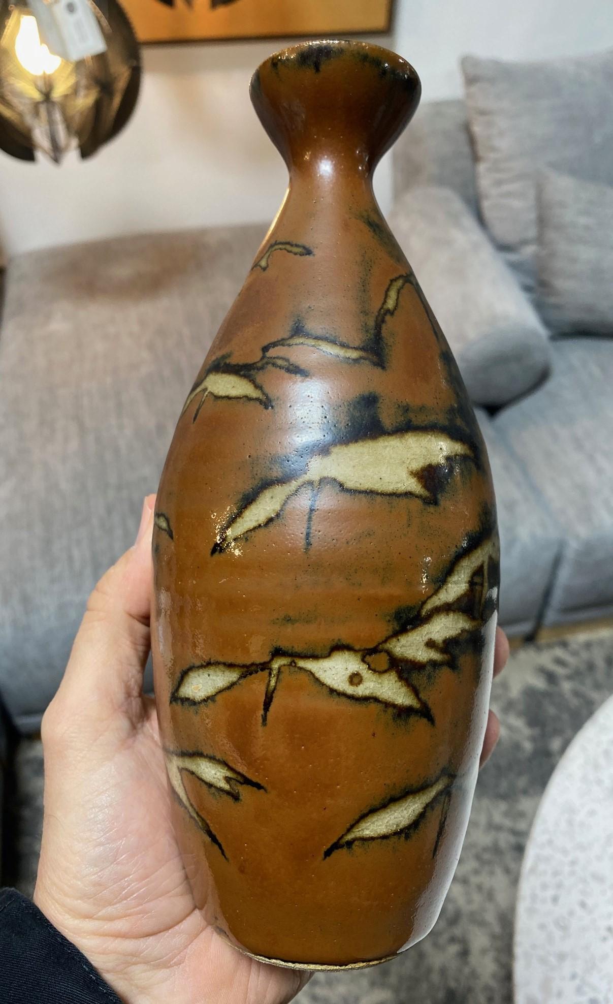Stoneware Shoji Hamada Mingei Kakiyu Kaki Persimmon Glaze Vase Original Signed Sealed Box For Sale