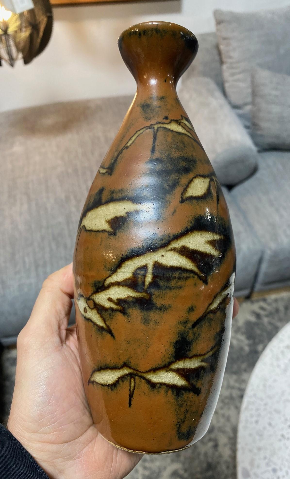 Shoji Hamada Mingei Kakiyu Kaki Persimmon Glaze Vase Original Signed Sealed Box For Sale 1